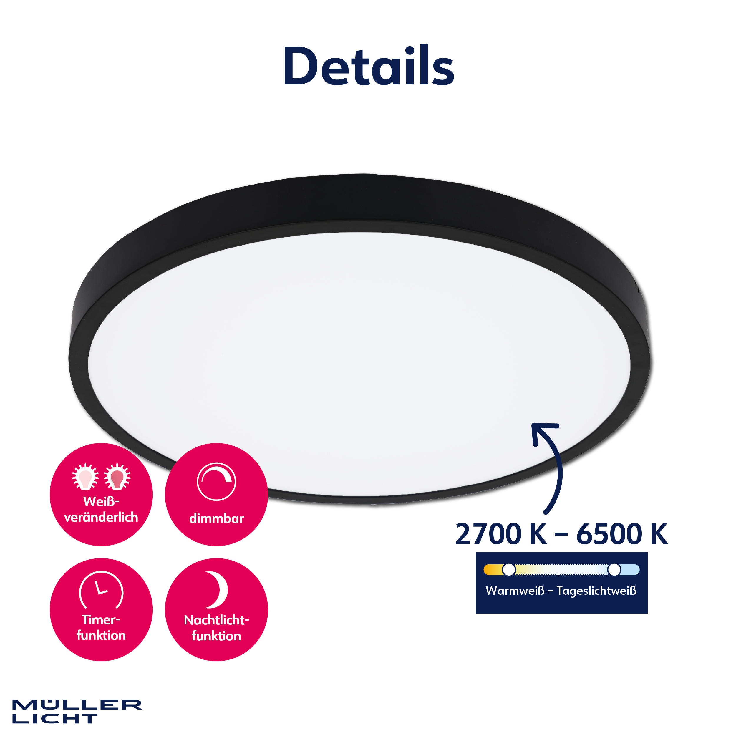 MÜLLER-LICHT LED-Deckenleuchte Rami 36 black, 24W, 2500lm, 2700-6500K, IP20, CCT MÜLLER-LICHT LED-Deckenleuchte Rami 36 black, 24W, 2500lm, 2700-6500K, IP20, CCT