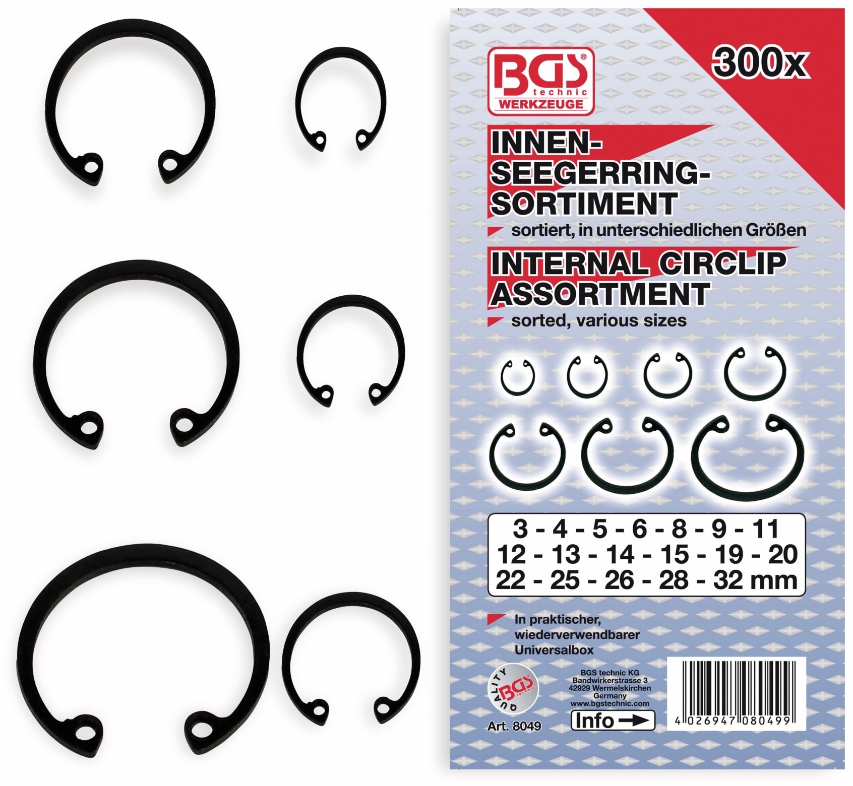 BGS TECHNIC Innen-Seegering-Set, 8049, Ø3...32mm, 300-tlg