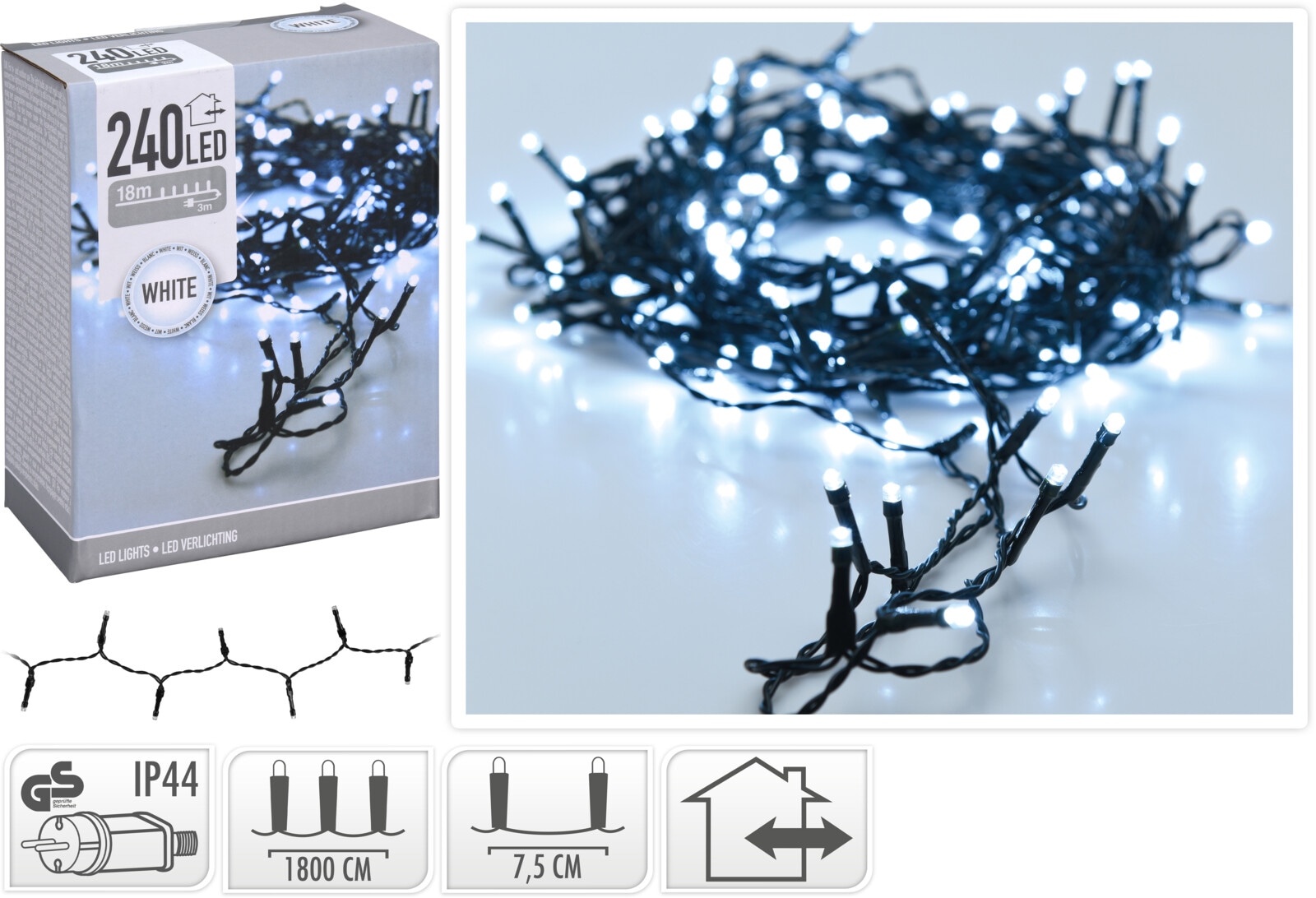 LED-Lichterkette kaltweiß, 240 LEDs, Grünes Kabel, Innen/Außen, 21m KOOPMAN LED-Lichterkette kaltweiß, 240 LEDs, Grünes Kabel, Innen/Außen, 21m