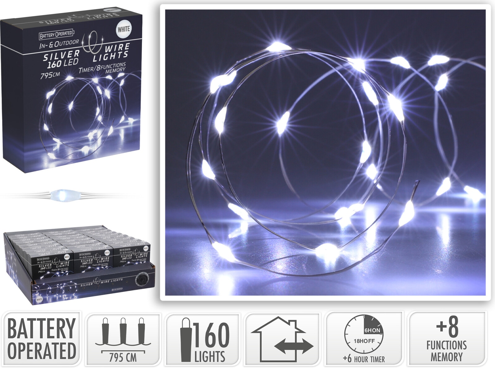 KOOPMAN LED-Lichterkette kaltweiß, Batteriebetrieben, 160 LEDs, Silberdraht, Innen/Außen, 7,95m