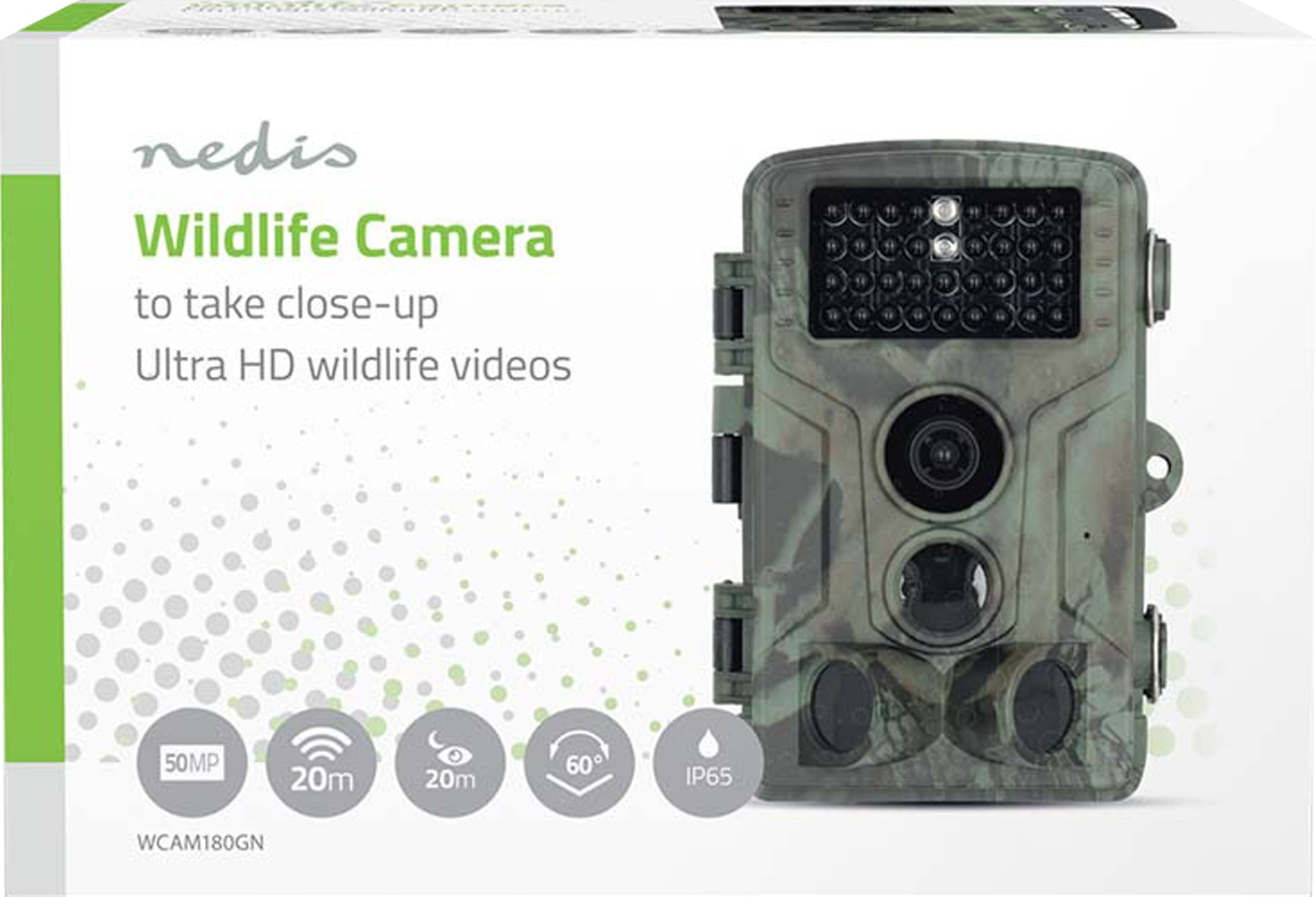NEDIS Wildkamera WCAM180GN, 4K@10fps, 50 MP, No-Glow IR, IP65, 2,4" LCD