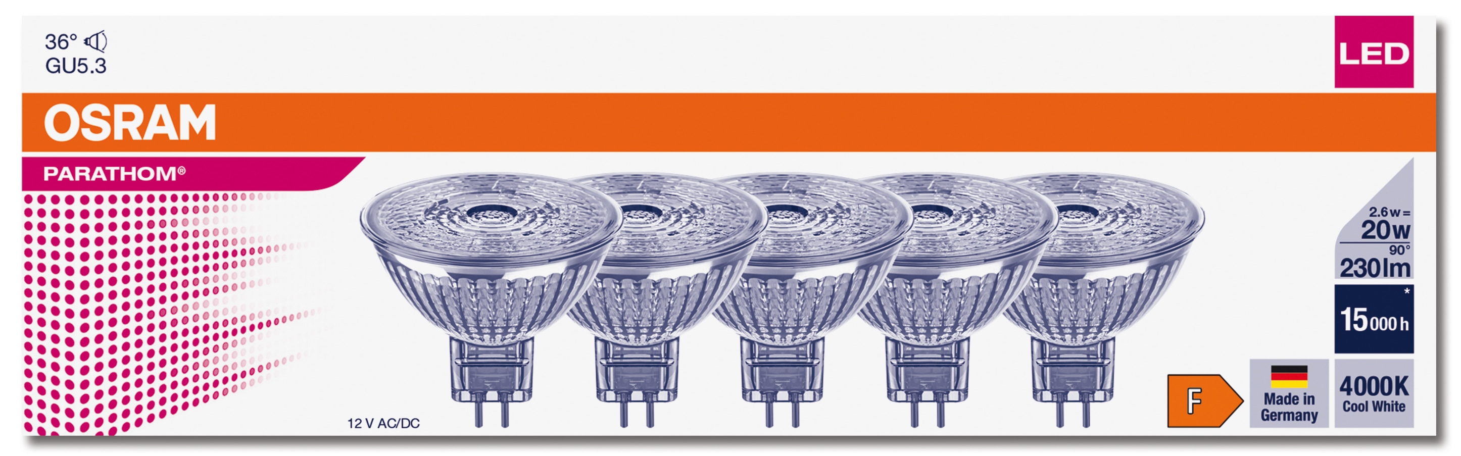 OSRAM LED-Reflektorlampe PARATHOM DIM, MR16, GU5.3, EEK: F, 2,6 W, 230 lm, 4000 K, 5 Stück OSRAM LED-Reflektorlampe PARATHOM DIM, MR16, GU5.3, EEK: F, 2,6 W, 230 lm, 4000 K, 5 Stück