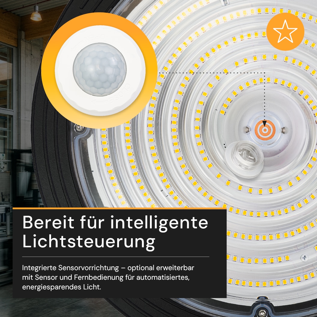 ENOVALITE LED-HighBay-Leuchte, UFO, 120...200 W, 4000 K, EEK: C, 19200...32000 lm, dimmbar, schwarz