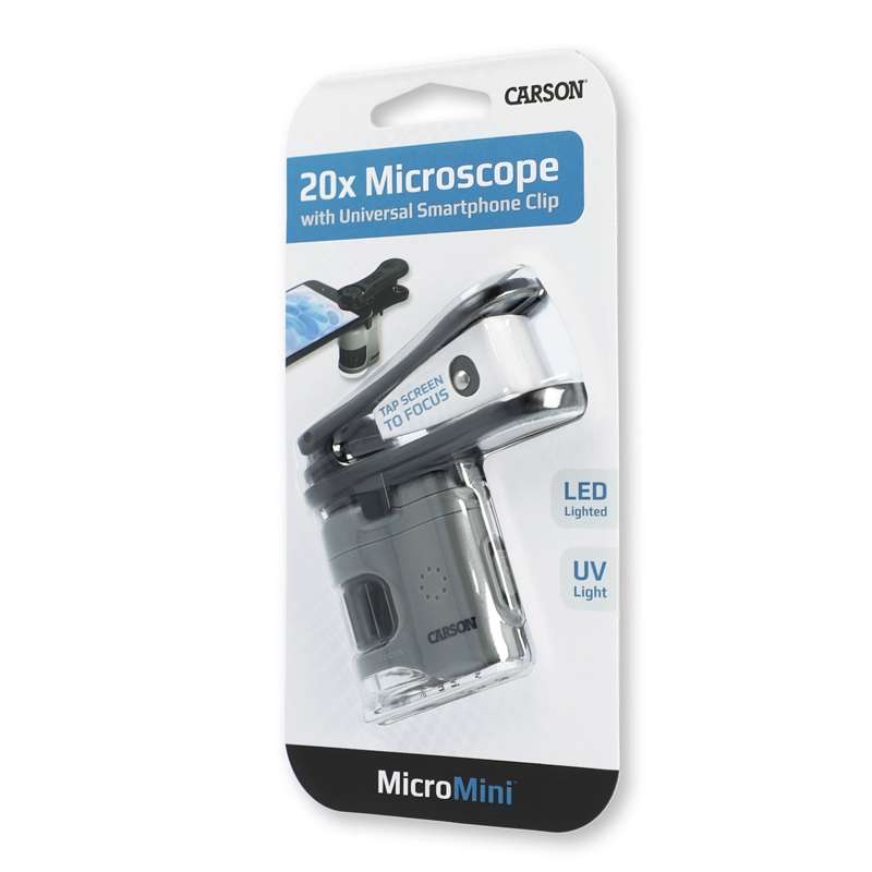 CARSON Taschenmikroskop MM-380 MicroMini, 20x Vergrößerung, LED- und UV-Beleuchtung, Smartphone-Adapter