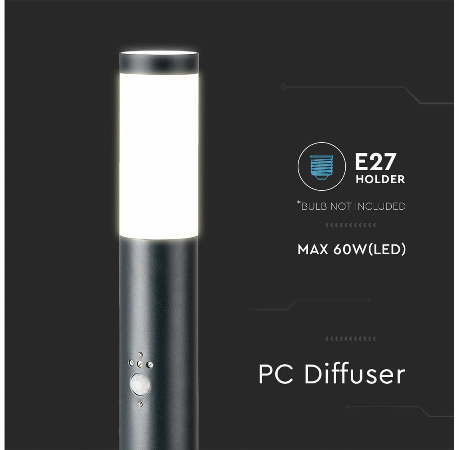 V-TAC Poller-Außenleuchte VT-838, IP44, E27, PIR-Sensor, Edelstahl, 800mm, VT-8966, grau V-TAC Poller-Außenleuchte VT-838, IP44, E27, PIR-Sensor, Edelstahl, 800mm, VT-8966, grau