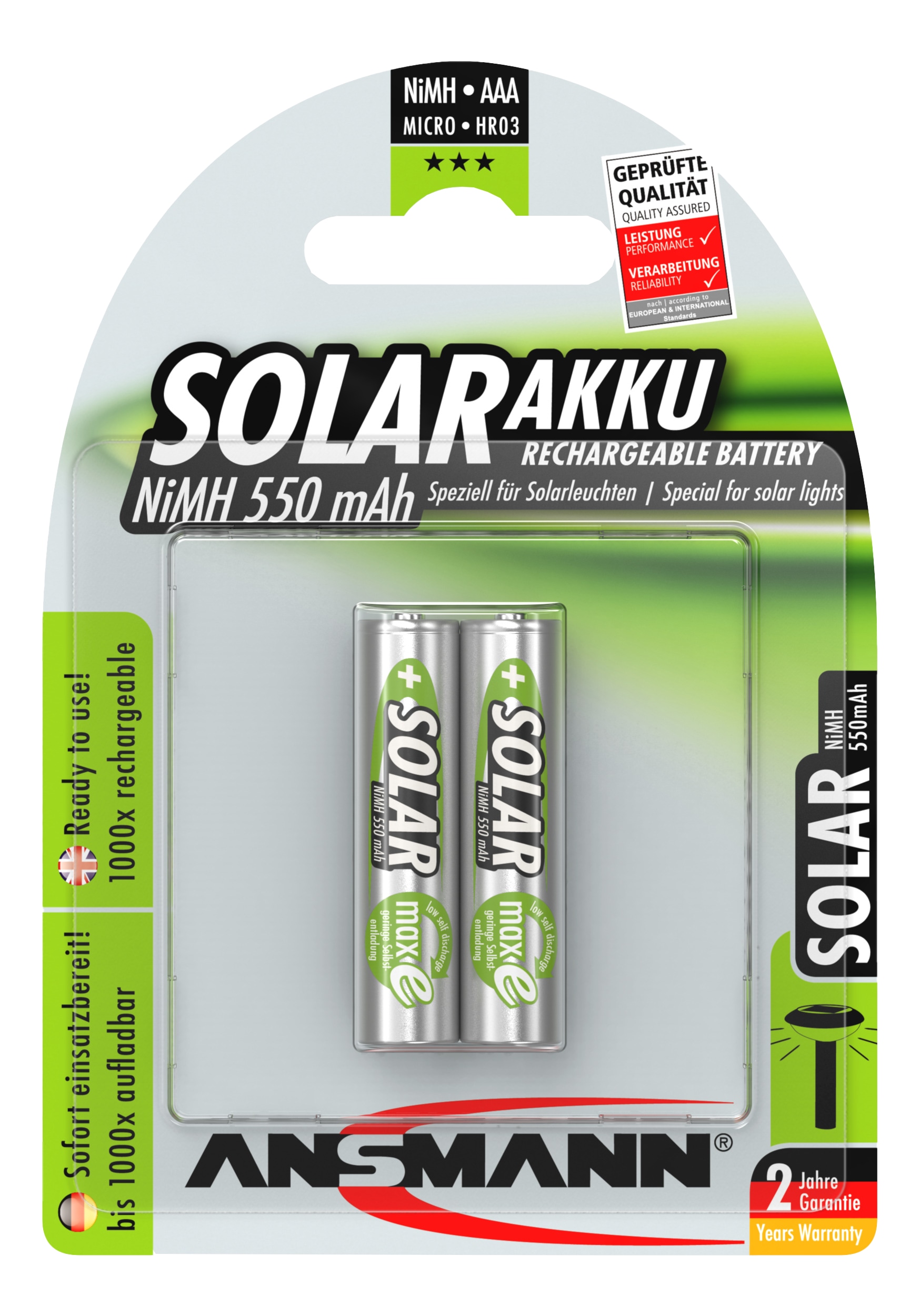 ANSMANN Solar NiMH Akku Micro AAA 550 mAh maxE 2-Stück
