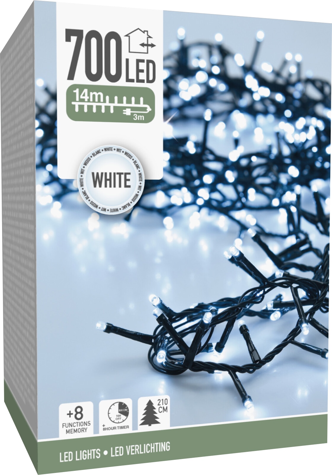 LED-Clusterlichterkette kaltweiß, 700 LEDs, grünes Kabel, Innen/Außen, 14m