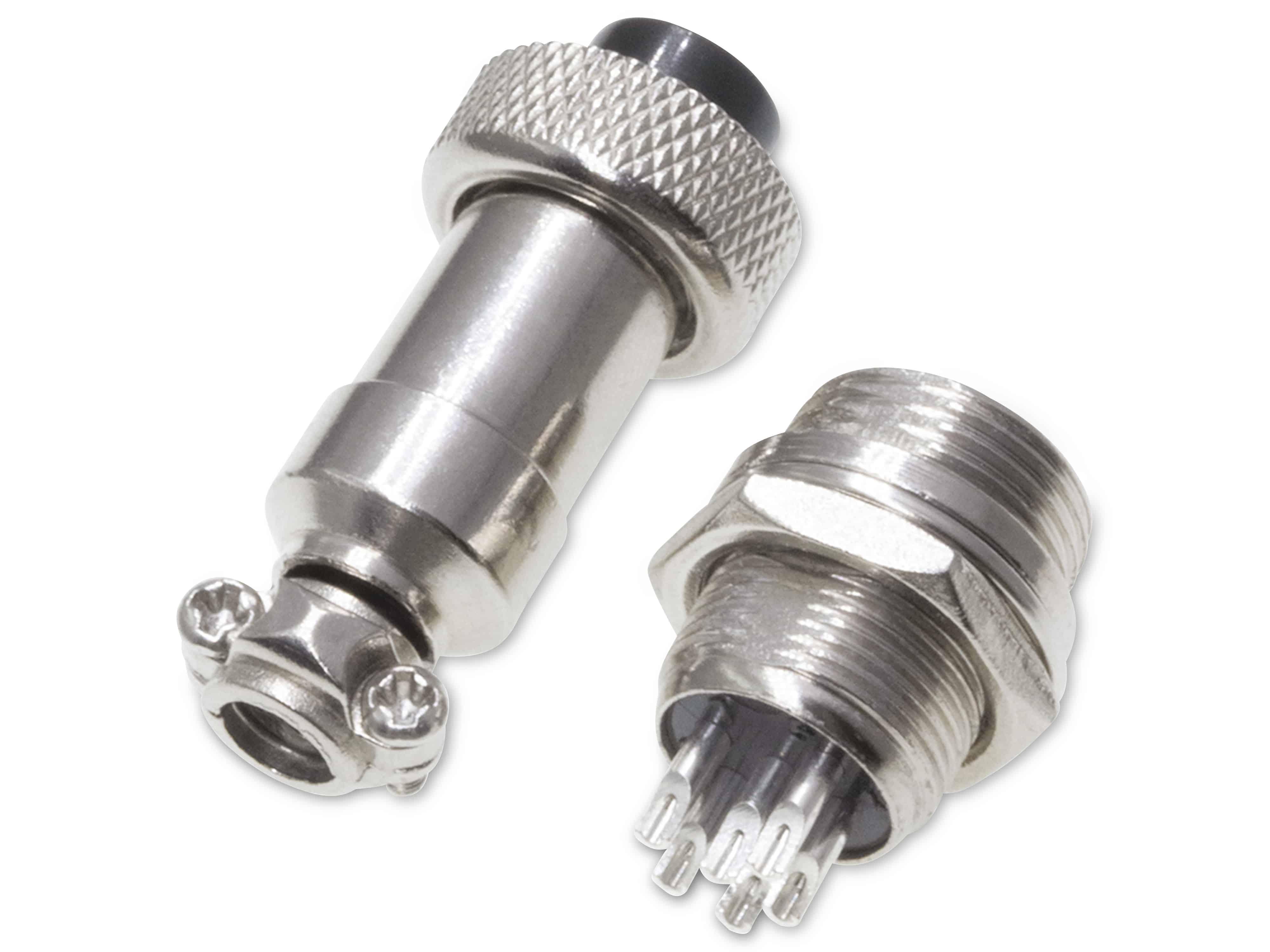 Rundsteckverbinder, 6-polig, 48V, 1A, Lötanschluss, IP55, wire to panel, 1 Stecker + 1 Buchse Rundsteckverbinder, 6-polig, 48V, 1A, Lötanschluss, IP55, wire to panel, 1 Stecker + 1 Buchse