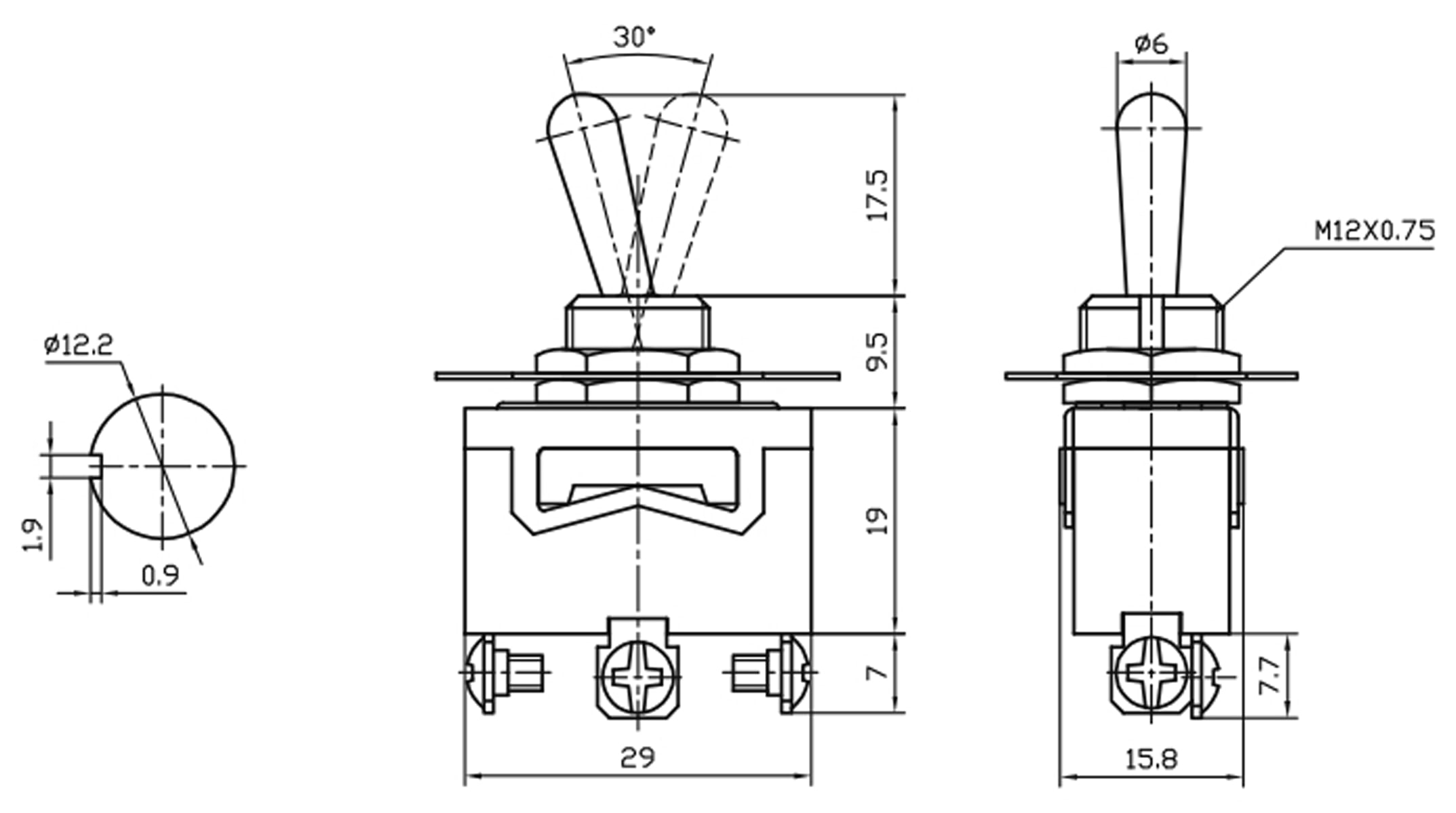 Kippschalter, KN3(C)-123A, tastend, 1-polig, (ON)/OFF/(ON)