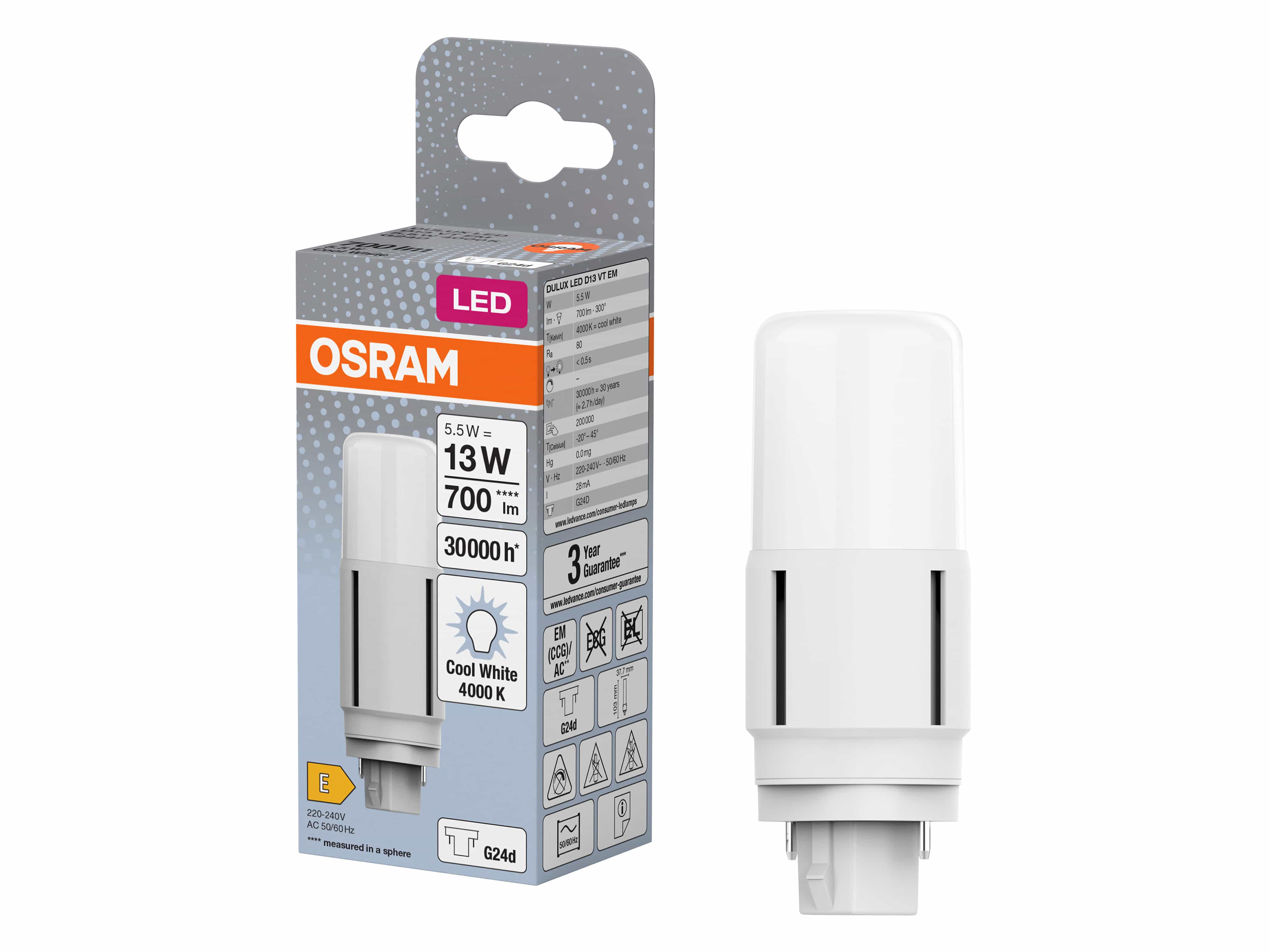 OSRAM LED-Lampe, Dulux D13, G24d, EEK: E, 5,5W, 700lm, 4000K OSRAM LED-Lampe, Dulux D13, G24d, EEK: E, 5,5W, 700lm, 4000K