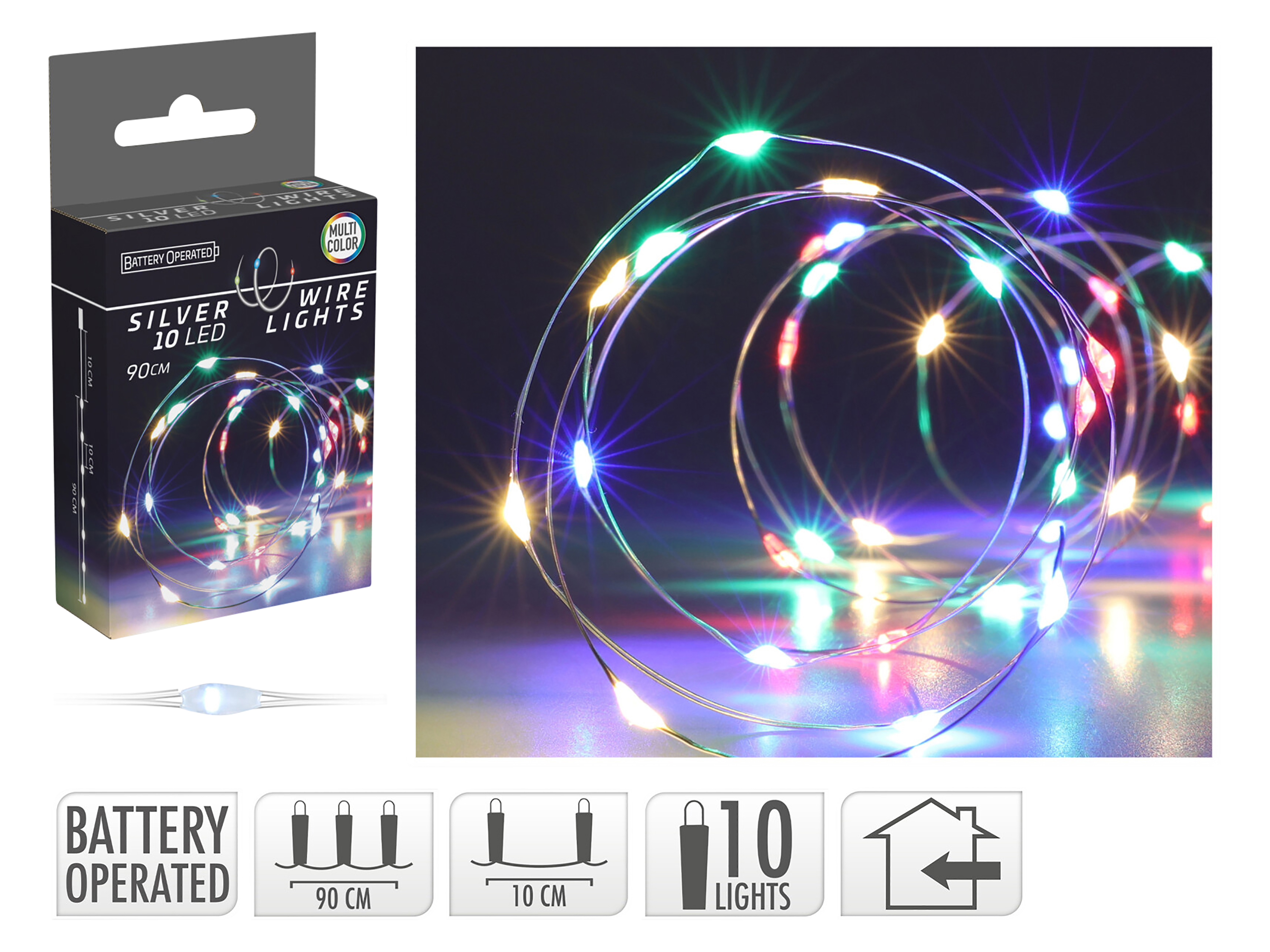 LED-Lichterkette, Silberdraht, 10 LEDs, bunt, Batteriebetrieb