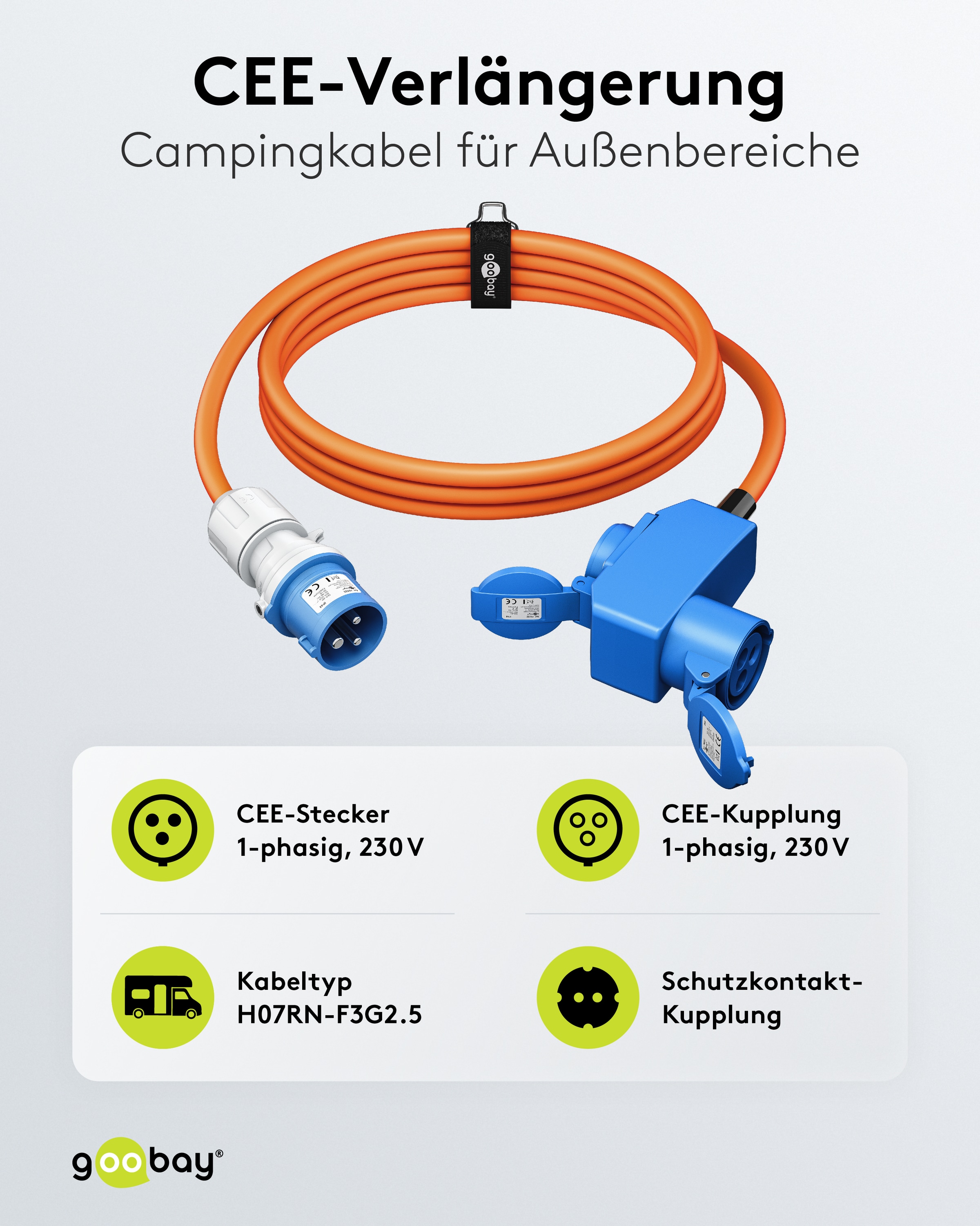 GOOBAY CEE-Adapterkabel 76233, 5 m, Stecker zu Kupplung + Schutzkontakt Kupplung GOOBAY CEE-Adapterkabel 76233, 5 m, Stecker zu Kupplung + Schutzkontakt Kupplung