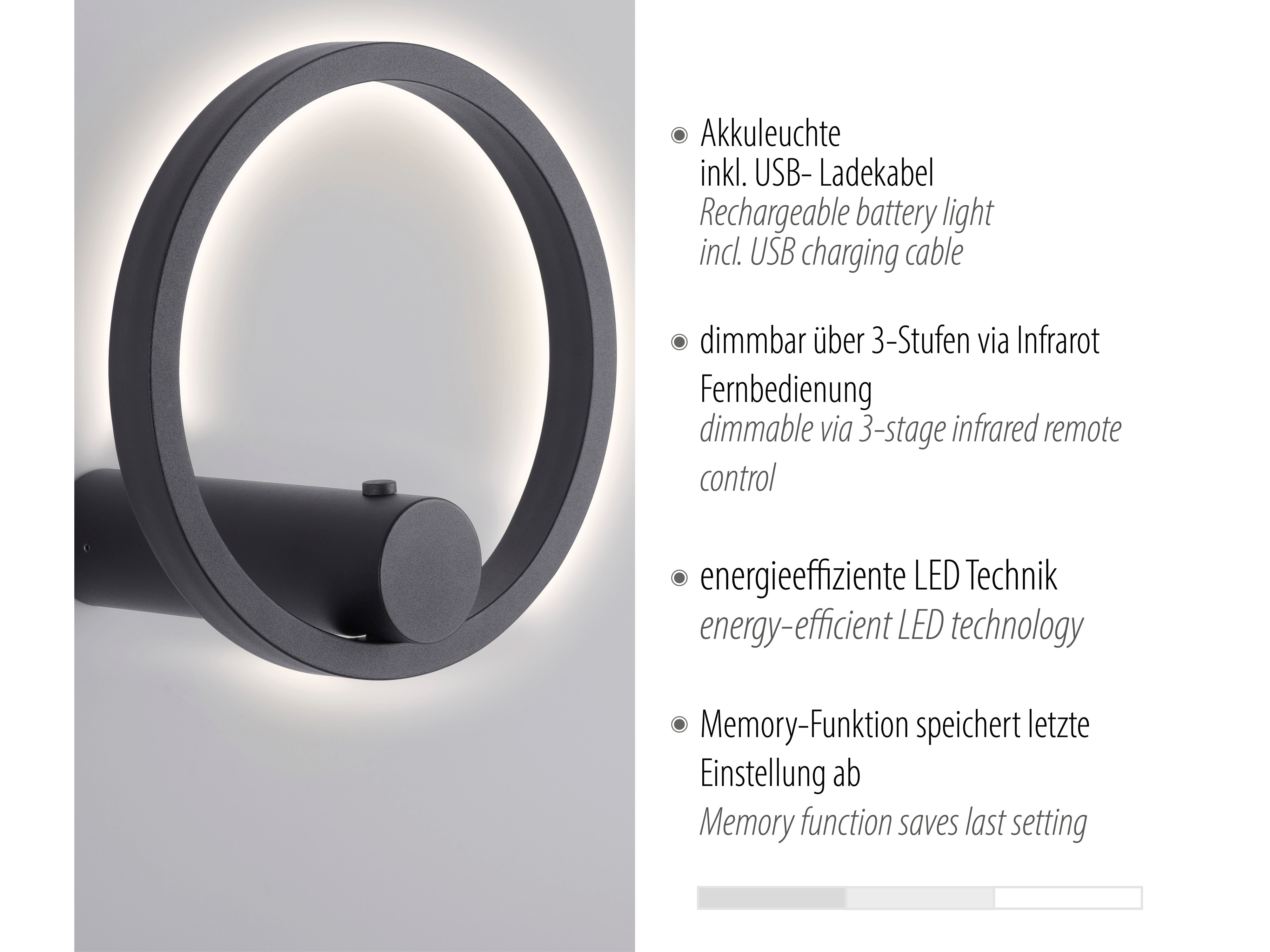 JUST LIGHT LED-Akku Wandleuchte 18280-13, 6W, 660lm, 3000K, anthrazit