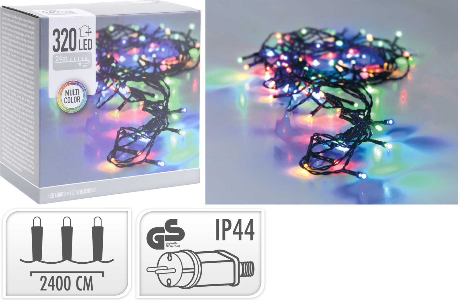 LED-Lichterkette, 320 LEDs, bunt, 230V~, IP44, Innen/Außen