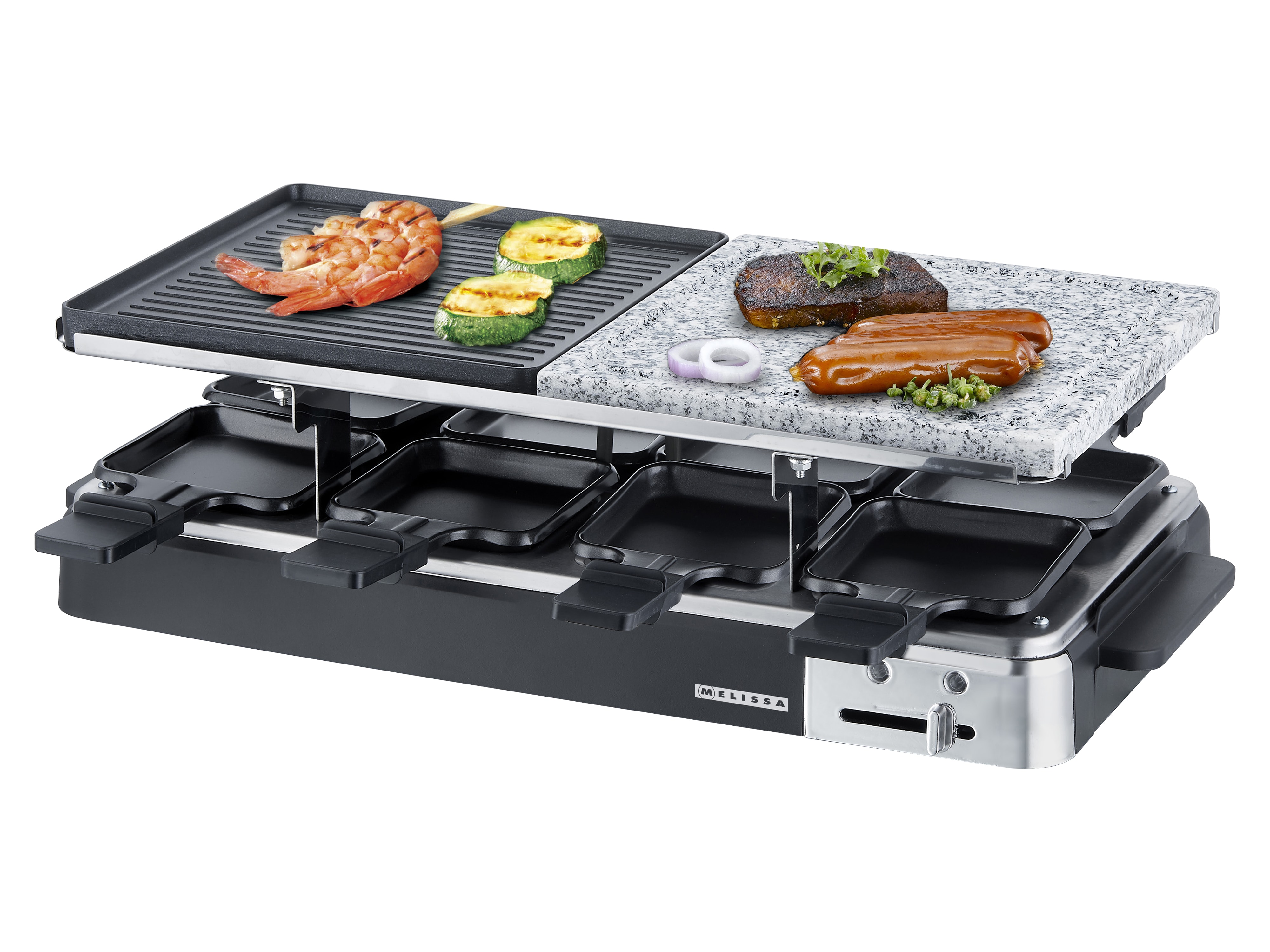 MELISSA Raclette-Grill 16300027, 1300 W, mit Steinplatte, 8 Pfannen, schwarz MELISSA Raclette-Grill 16300027, 1300 W, mit Steinplatte, 8 Pfannen, schwarz