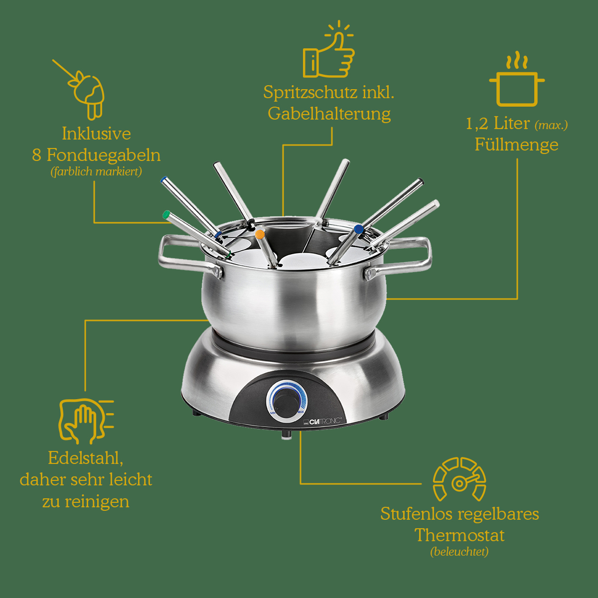 CLATRONIC Fondue-Set FD 3783, Edelstahl Topf, 8 Personen, 1,2 L, 1400W