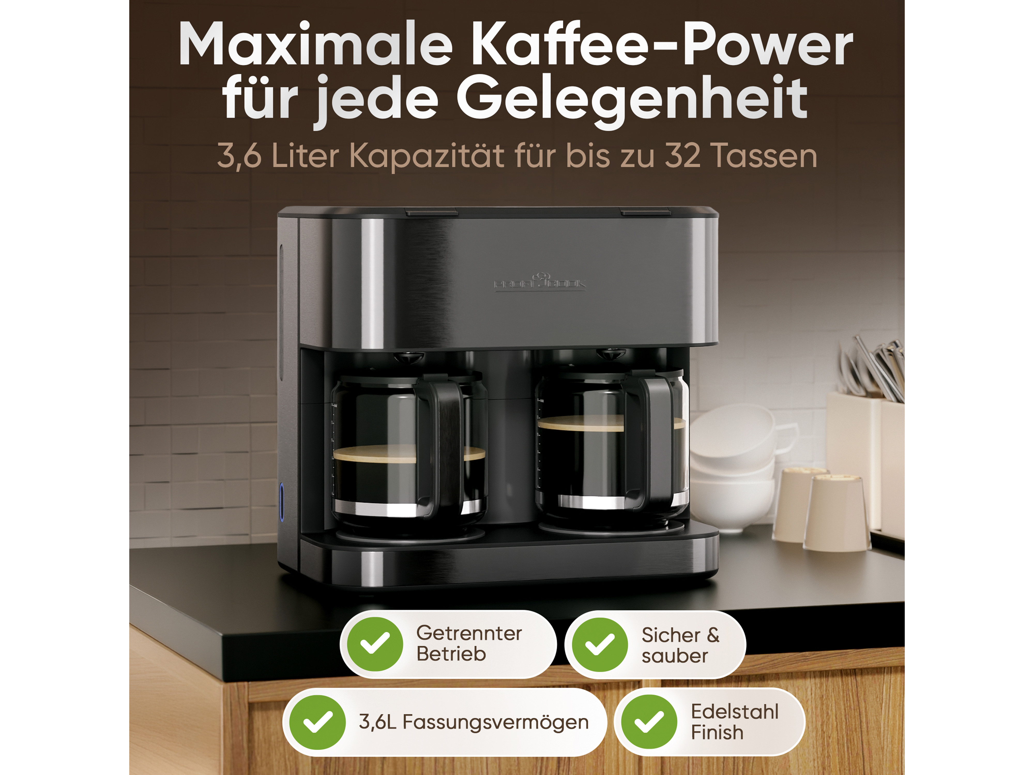 PROFI COOK Doppelkaffeemaschine PC-KAD 1308, 3,6 L, 2000 W, dark inox