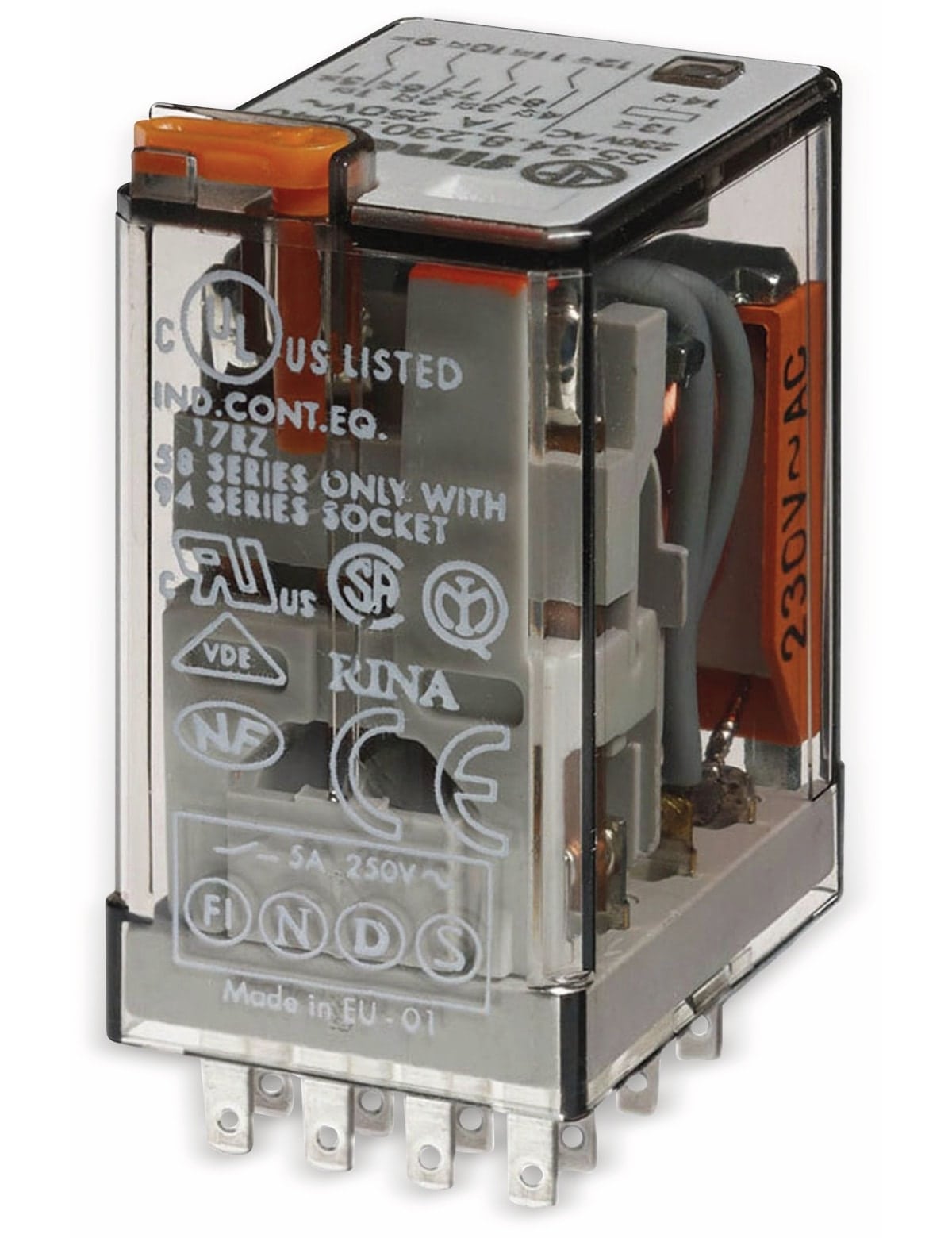 FINDER Relais F 55.34, 230 V~, 4xUM, 7 A, mechanische Anzeige FINDER Relais F 55.34, 230 V~, 4xUM, 7 A, mechanische Anzeige