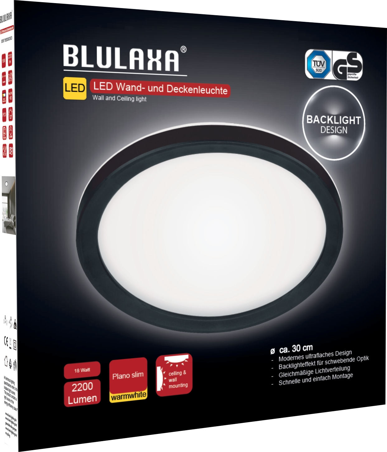 BLULAXA LED-Deckenleuchte, 18W, 3000K, 2200lm, warmweiß, IP20, schwarz