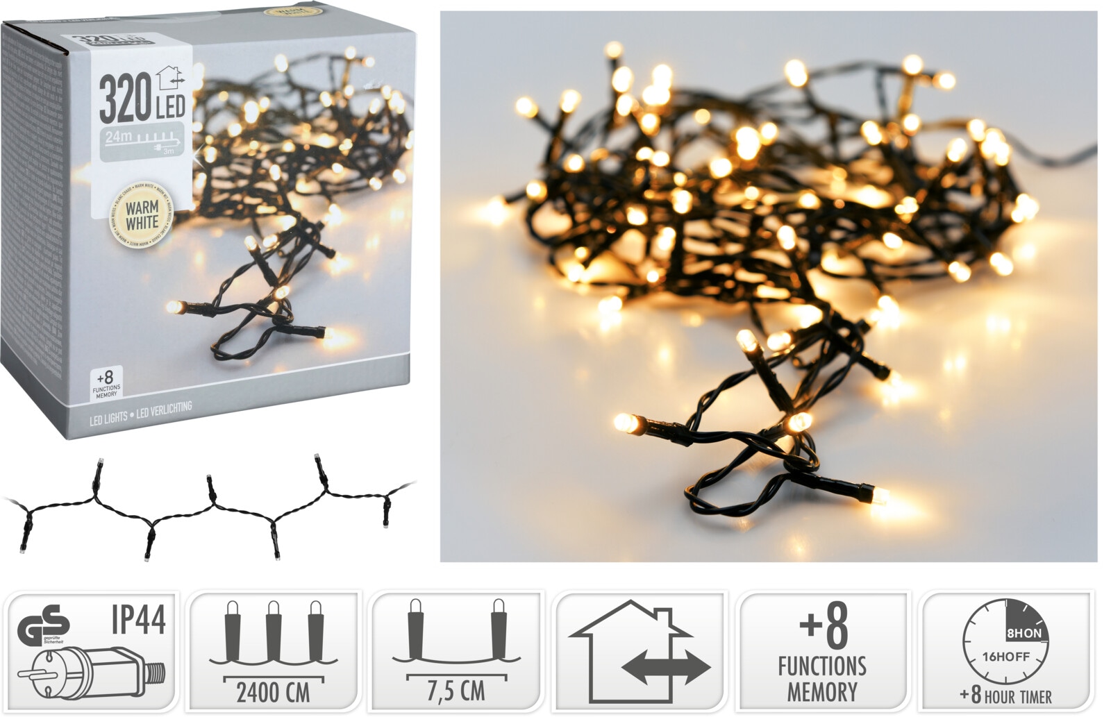 KOOPMAN LED-Lichterkette warmweiß, 320 LEDs, Grünes Kabel, Innen/Außen, 27m