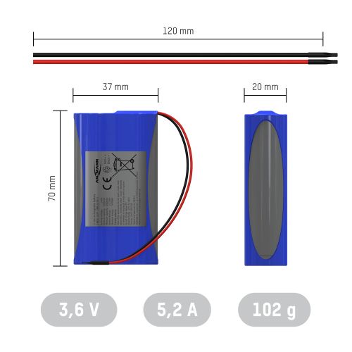 ANSMANN Li-Ion Akkupack mit Ausgangskabel, 2S1P, 18,72 Wh, 7,2 V, 2600 mAh, blau