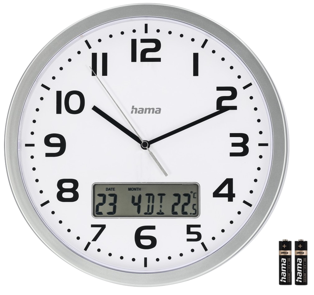 Hama DCF-Funkwanduhr "Moorea", Ø 30cm, mit Datum- und Temeraturanzeige, silber