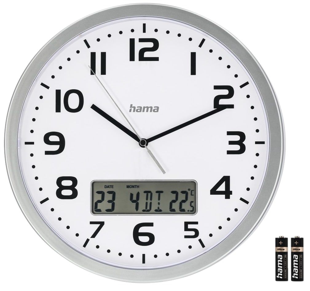 Hama DCF-Funkwanduhr "Moorea", Ø 30cm, mit Datum- und Temeraturanzeige, silber
