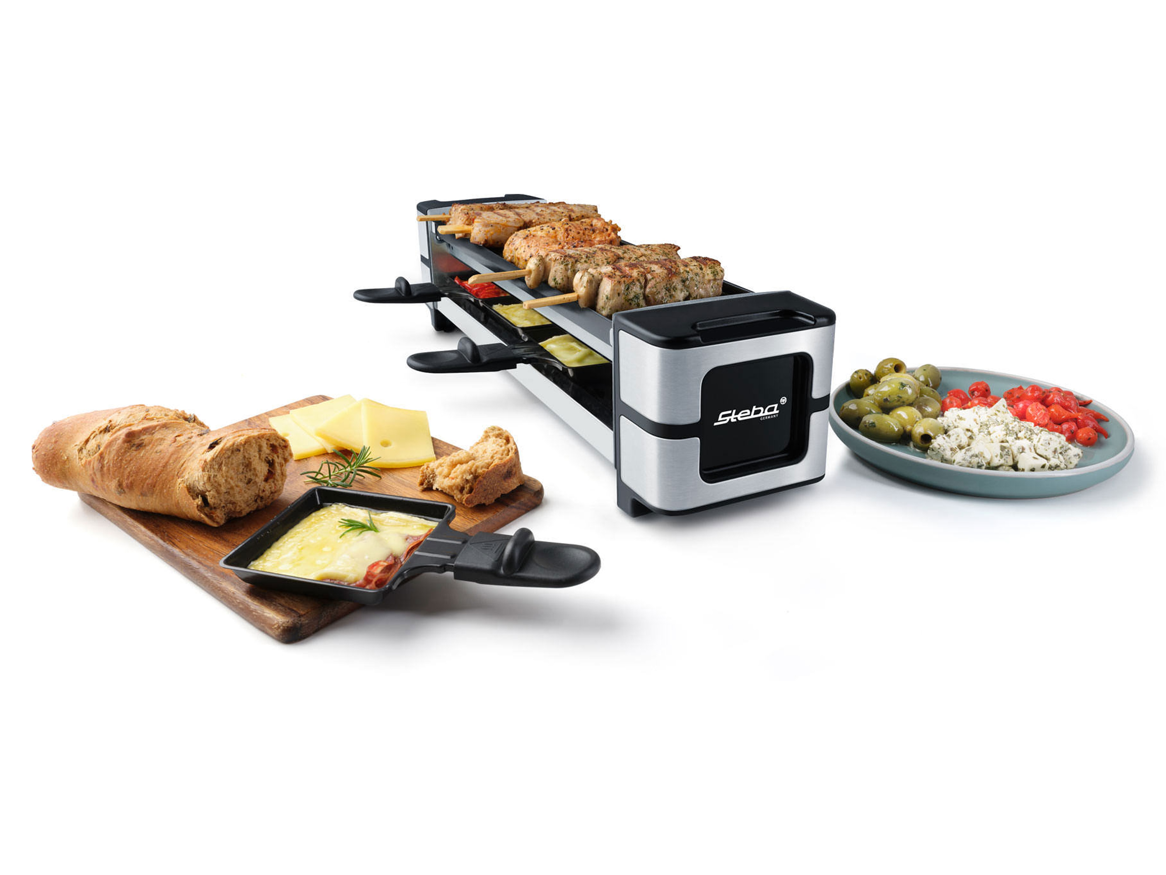 STEBA Guss-Raclette RC 140, PFAS-freie keramikbeschichtete Grillplatte, 4 Pfännchen