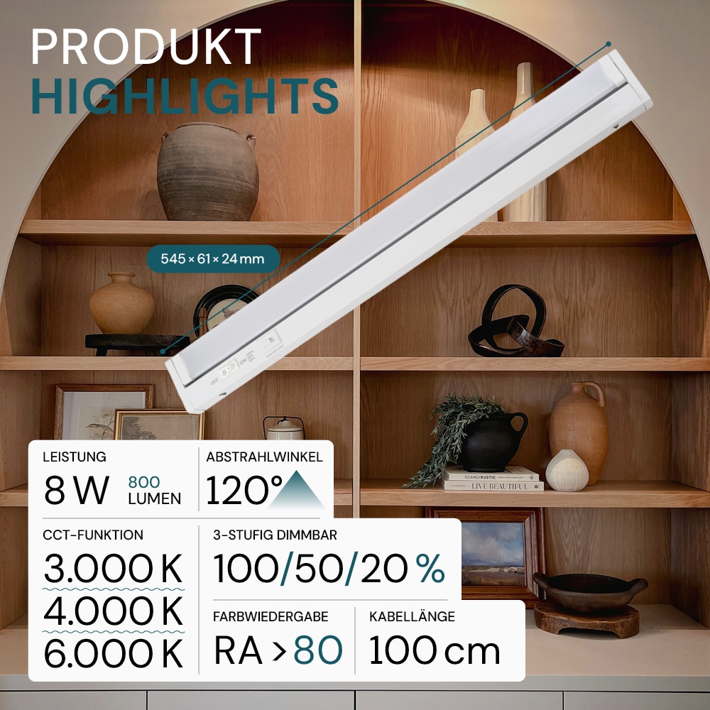 LUXULA LED-Unterbauleuchte, 8W, EEK: F, 800lm, CCT, IP20, dimmbar, weiß, 55 cm