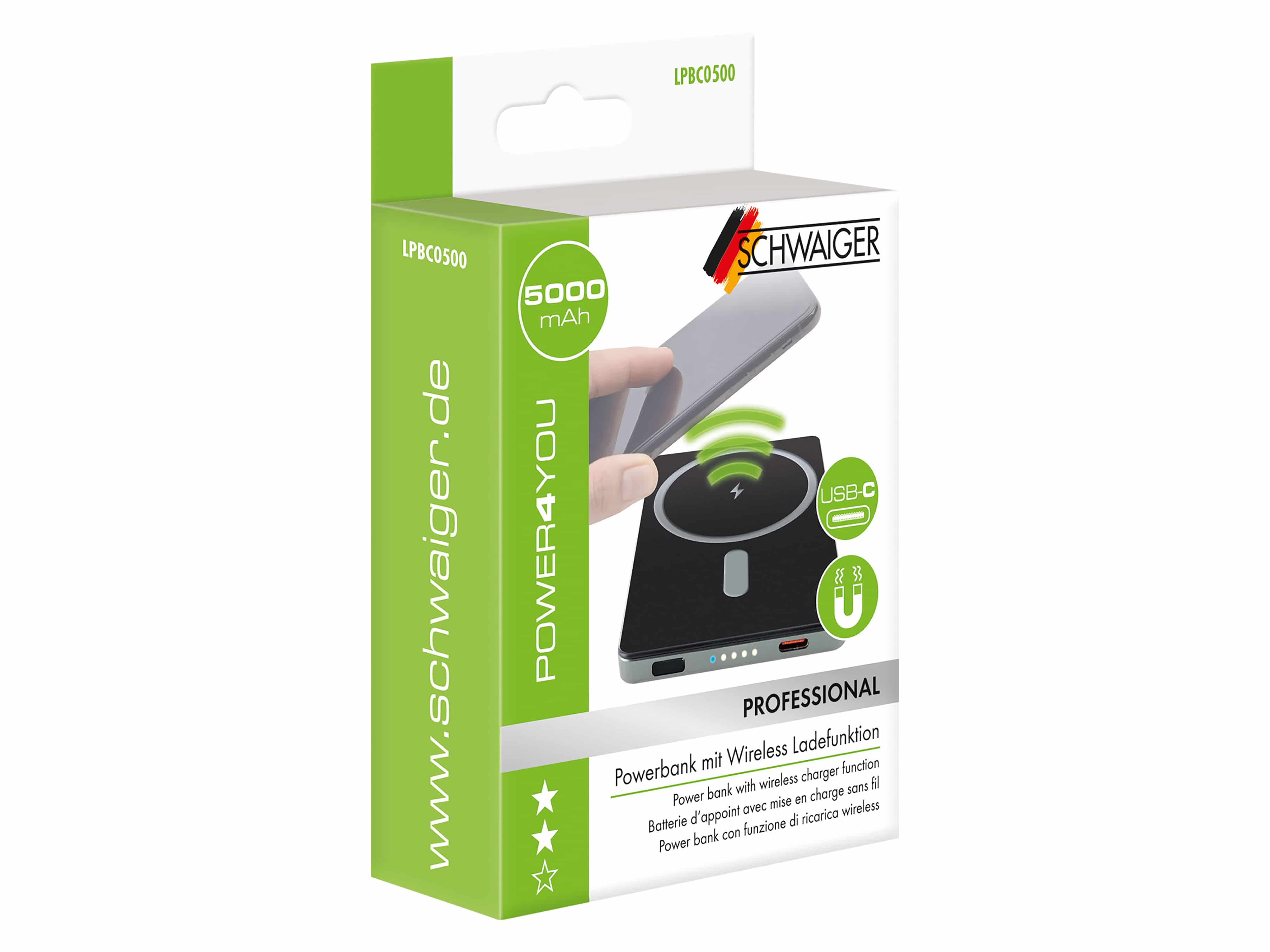 SCHWAIGER Powerbank LPBC0500, 5.000 mAh, QI-Ladefunktion, MagSafe-kompatibel, Wireless & USB-C, Aluminiumgehäuse