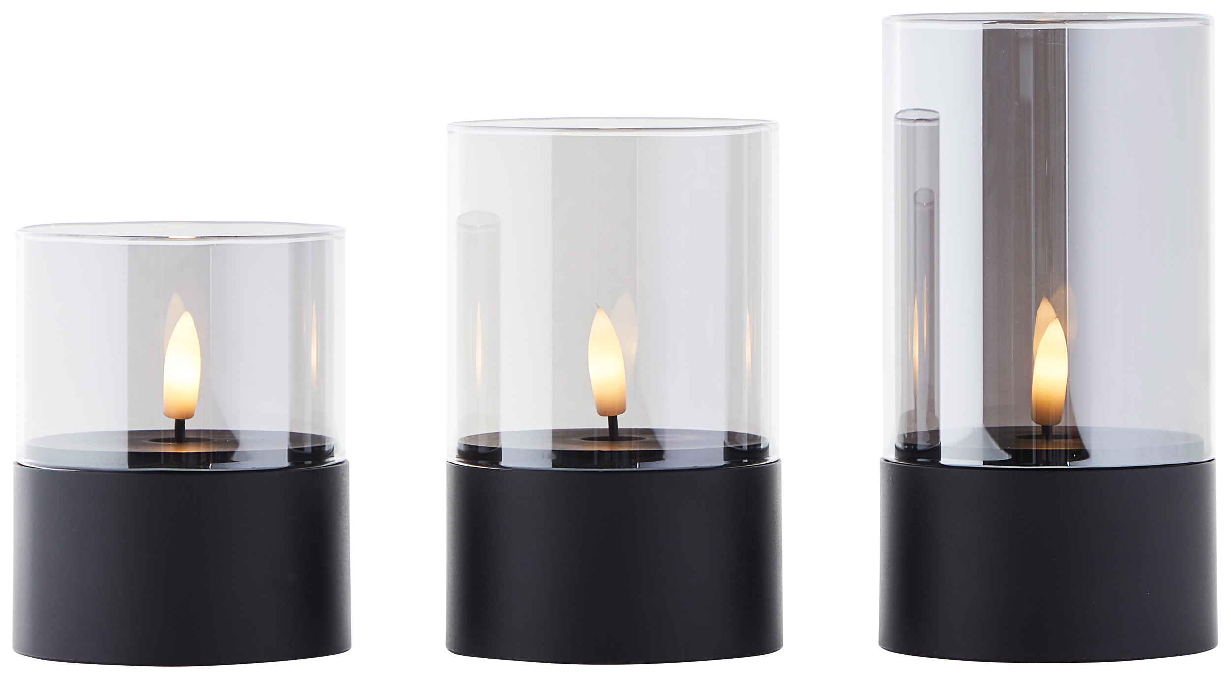 BRILLIANT LED-Kerzen, Ø 8 cm, Rauchglas, 10/12,5/15 cm, schwarz, 3er-Set