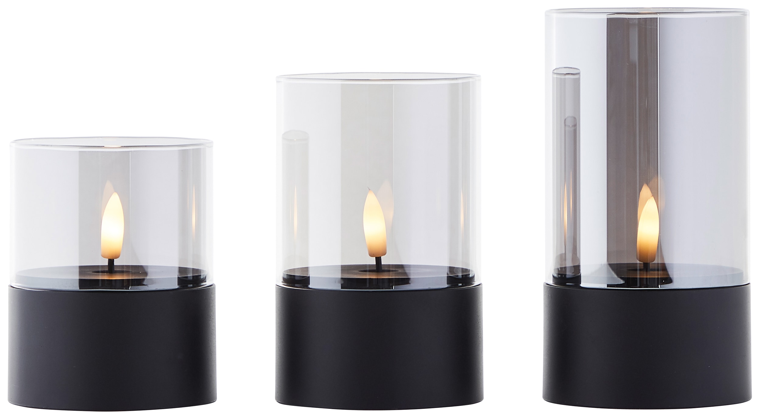 BRILLIANT LED-Kerzen, Ø 8 cm, Rauchglas, 10/12,5/15 cm, schwarz, 3er-Set