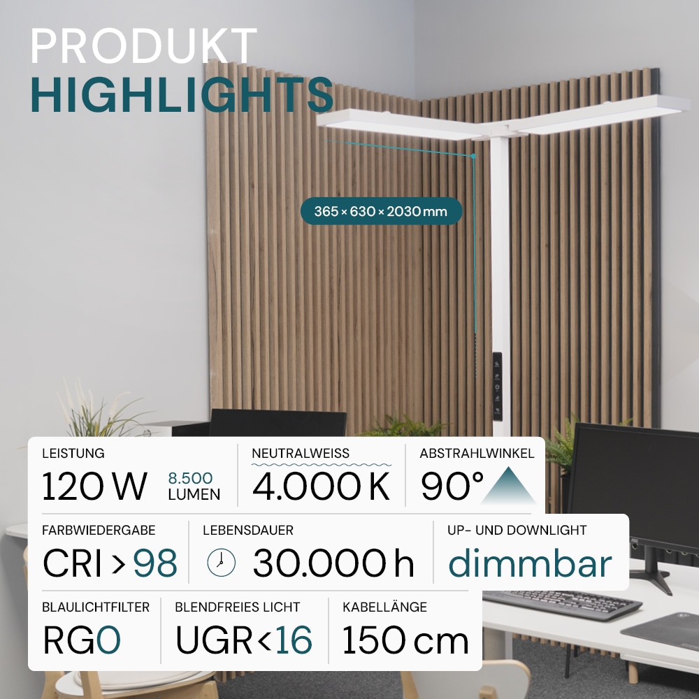 LUXULA LED-Büro-Stehleuchte, Up/Down, 120W, 4000K, EEK: F, 8500lm, IP20, dimmbar, weiß LUXULA LED-Büro-Stehleuchte, Up/Down, 120W, 4000K, EEK: F, 8500lm, IP20, dimmbar, weiß