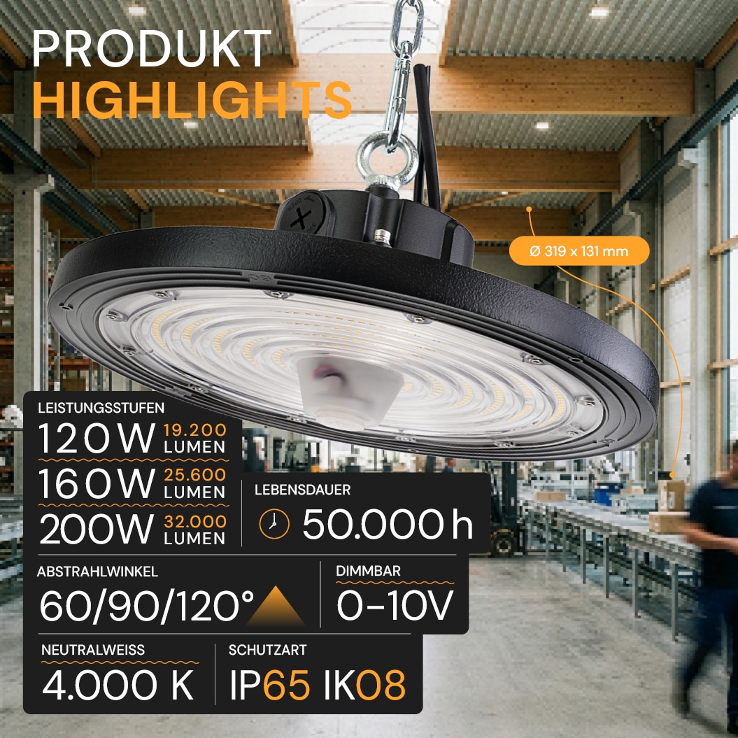 ENOVALITE LED-HighBay-Leuchte, UFO, 120...200 W, 4000 K, EEK: C, 19200...32000 lm, dimmbar, schwarz