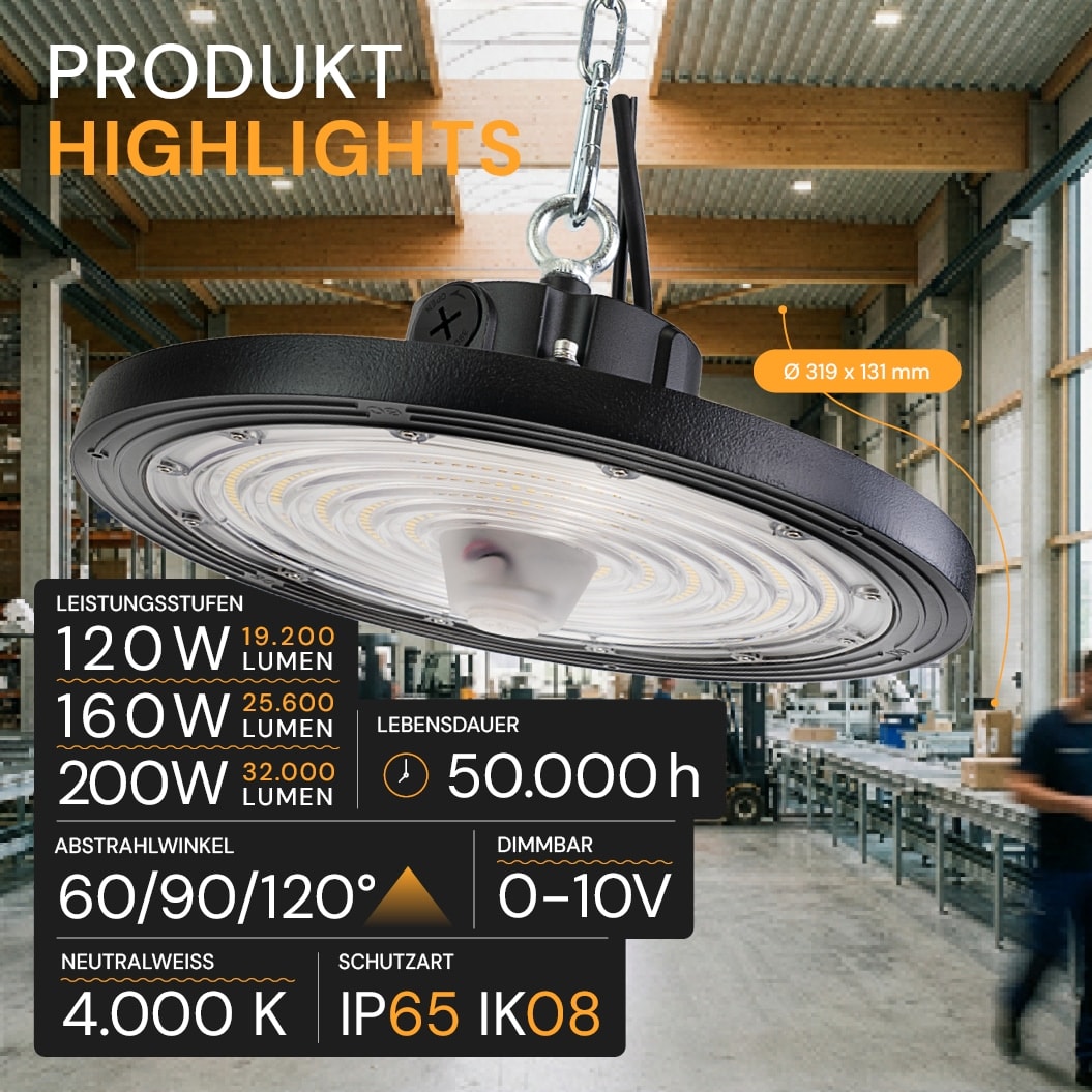 ENOVALITE LED-HighBay-Leuchte, UFO, 120...200 W, 4000 K, EEK: C, 19200...32000 lm, dimmbar, schwarz