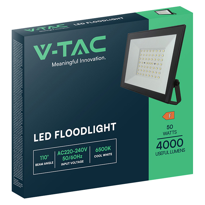 V-TAC LED-Fluter, VT-44054, 50 W, 4000K, EEK: F, 4000 lm, neutralweiß, IP65, schwarz