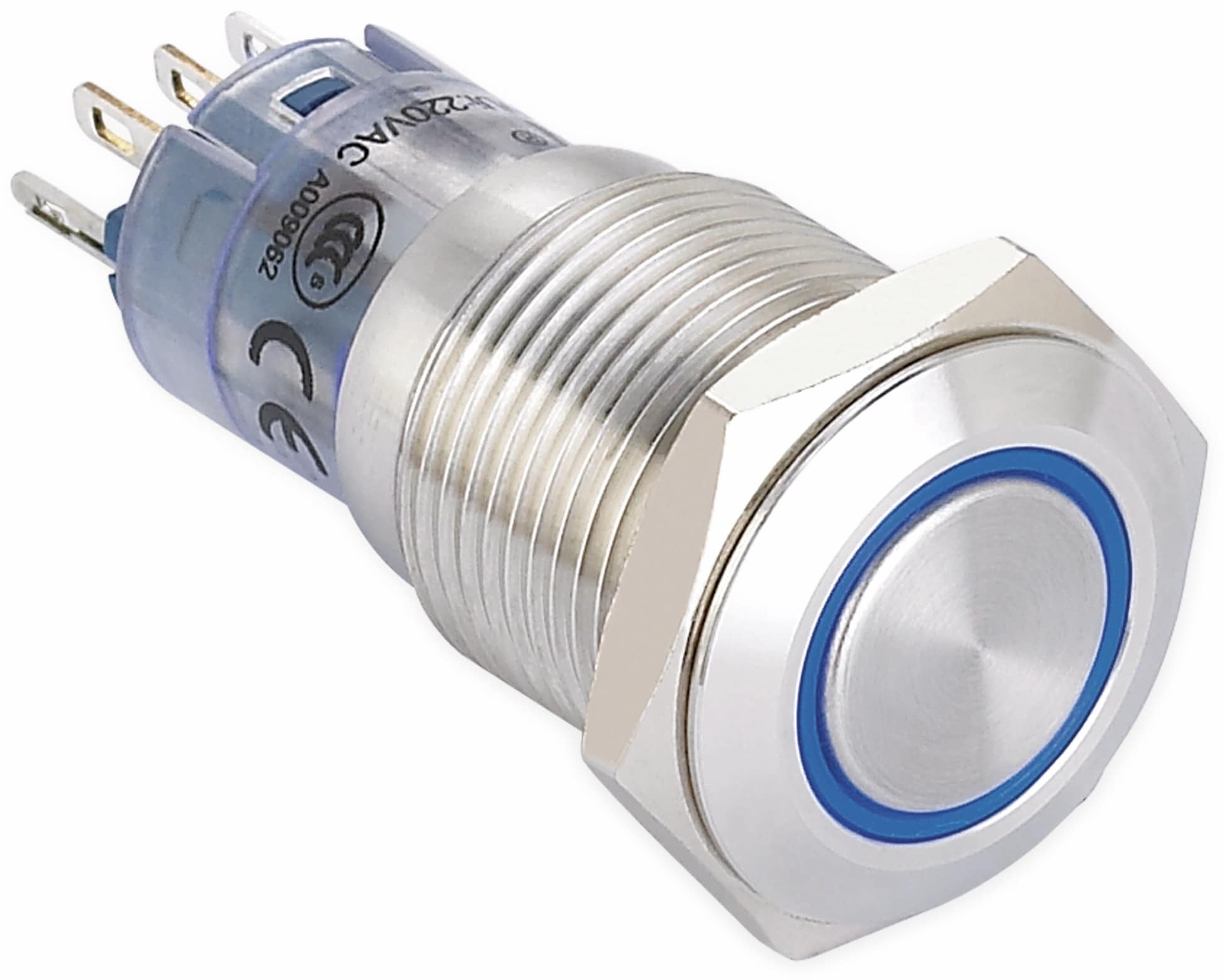 ONPOW Schalter, 24 V/DC, 1x Off/On, Beleuchtung weiß, Lötanschluss, flach rund, Edelstahl, 16 mm