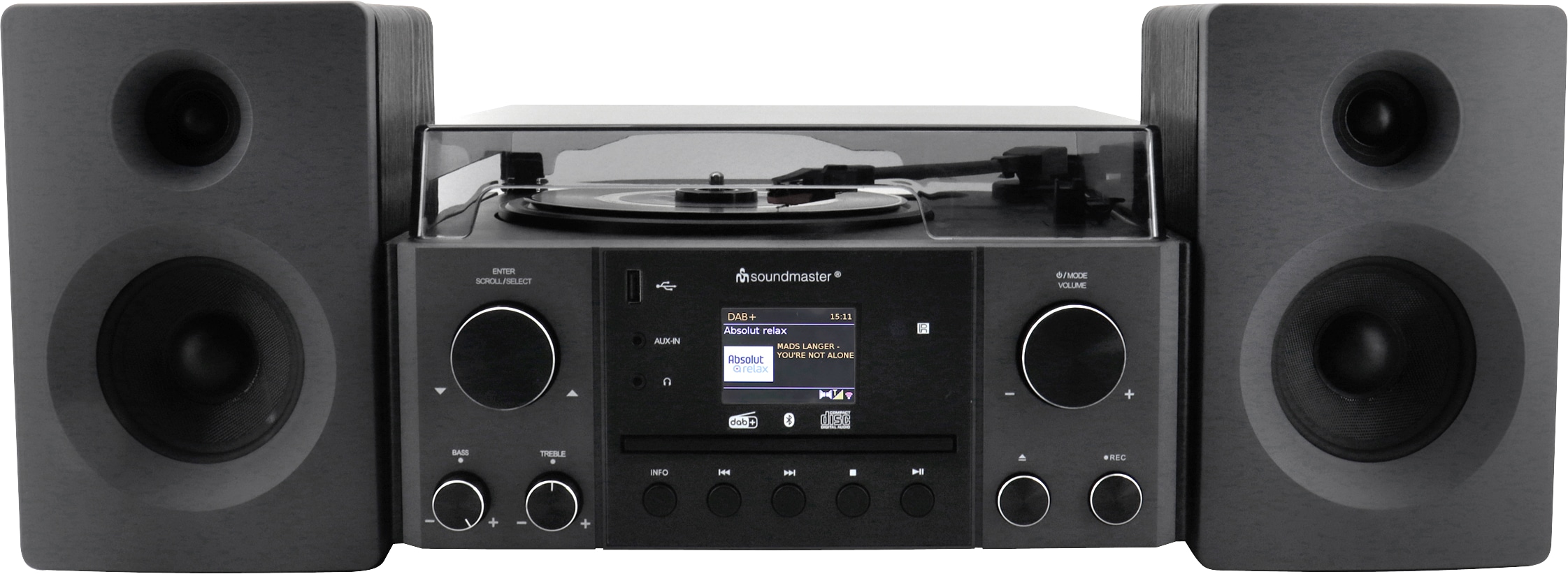 SOUNDMASTER Musikcenter Elite Line MCD1950SW, Plattenspieler, CD, Bluetooth, DAB+, MP3, 2x 10 W, Schwarz