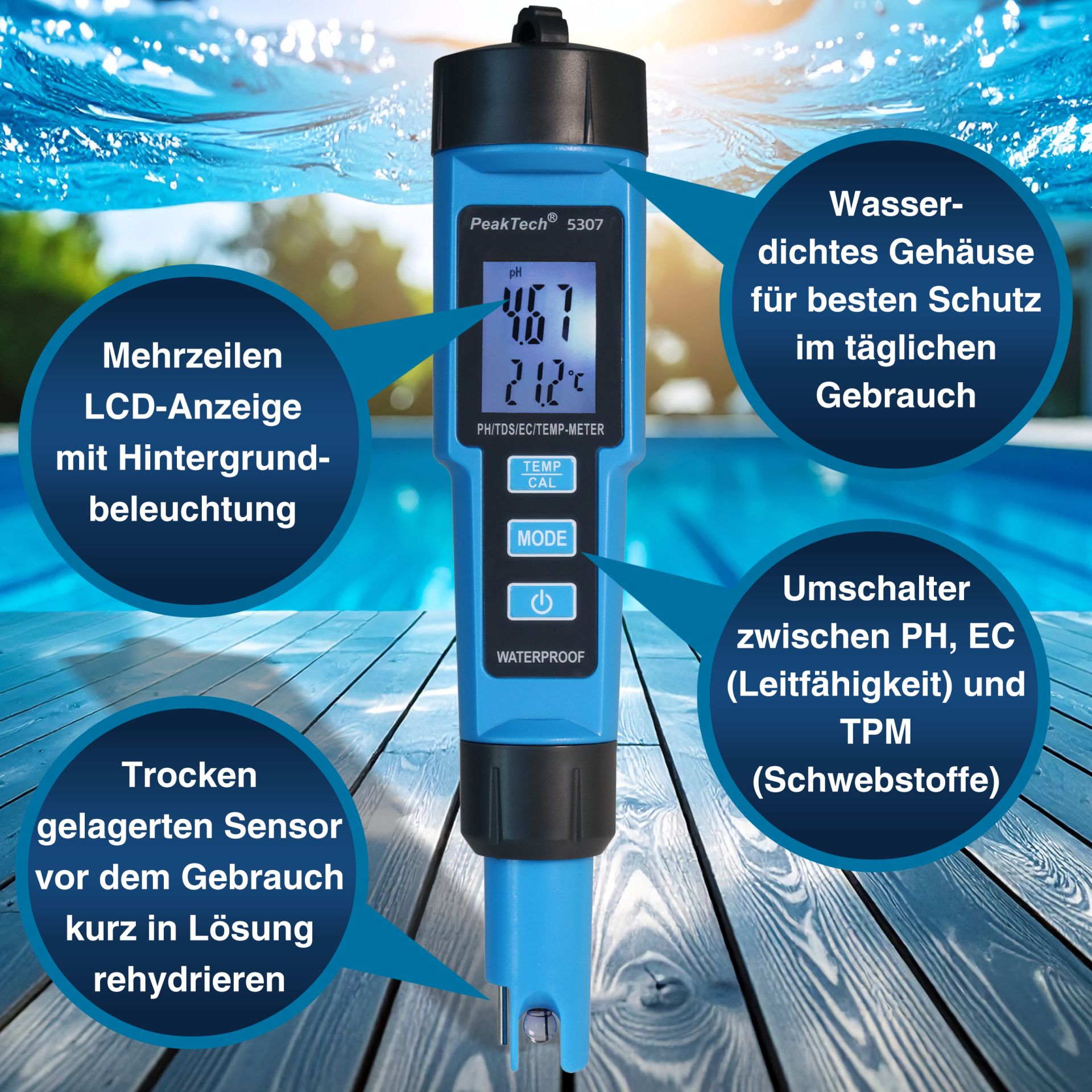 PEAKTECH PH-Messgerät P 5307, Stiftform, für PH/EC/TDS/TEMP