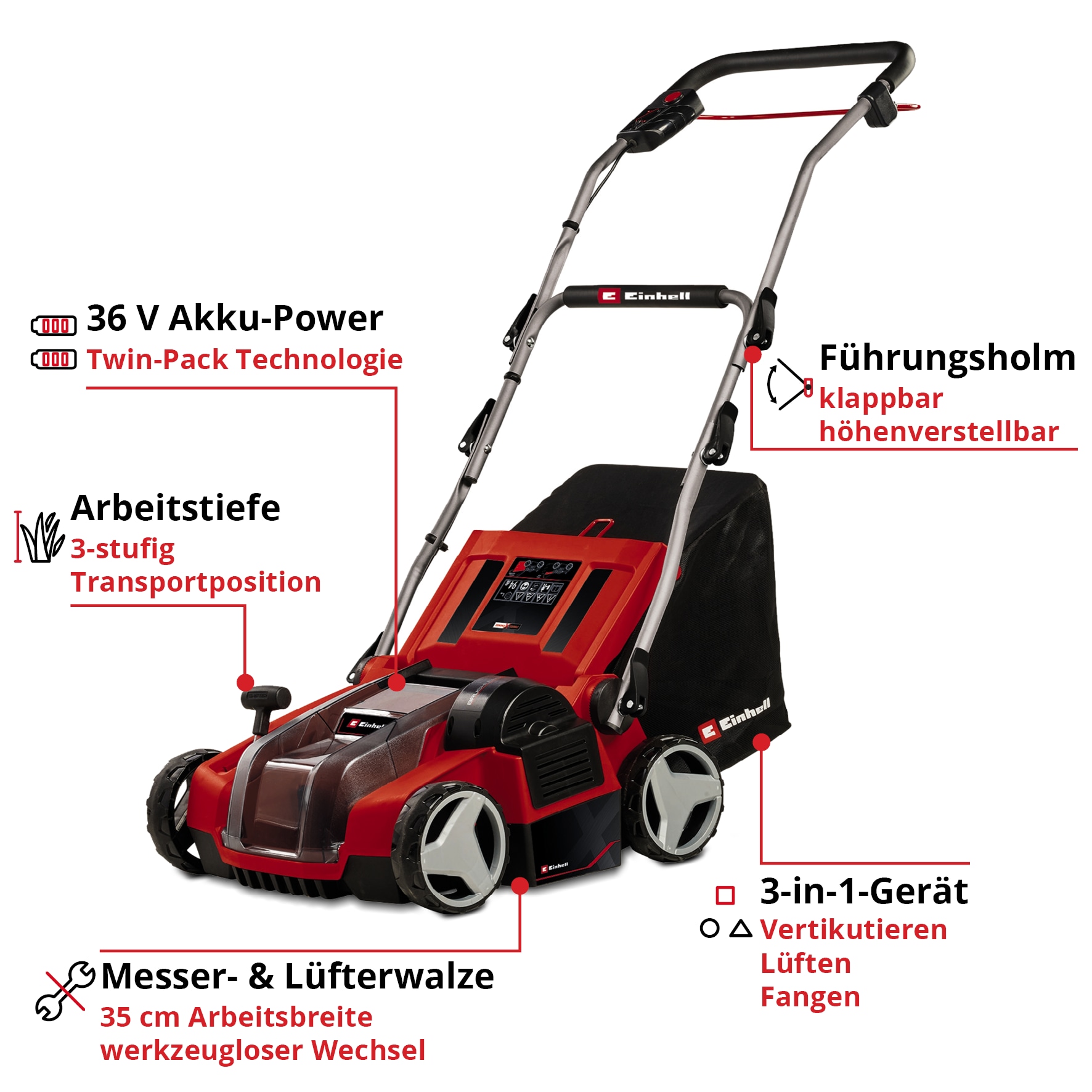 EINHELL Akku-Vertikutierer-Lüfter GE-SA 36/35 Li + 2x Starterset