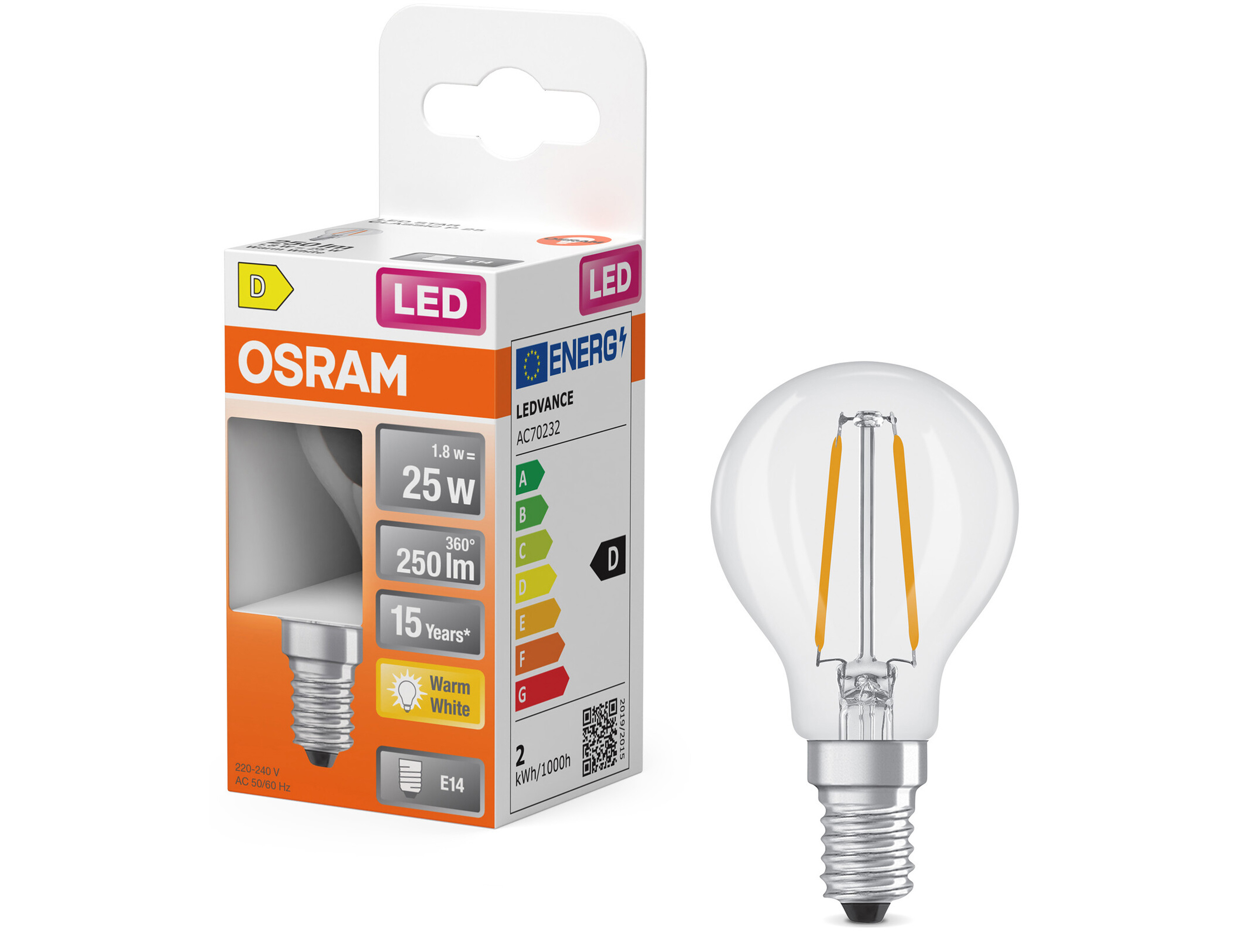 OSRAM LED-Lampe Retrofit, 1,8 W, E14, 2700 K, EEK: D, 250 lm, IP20, warmweiß