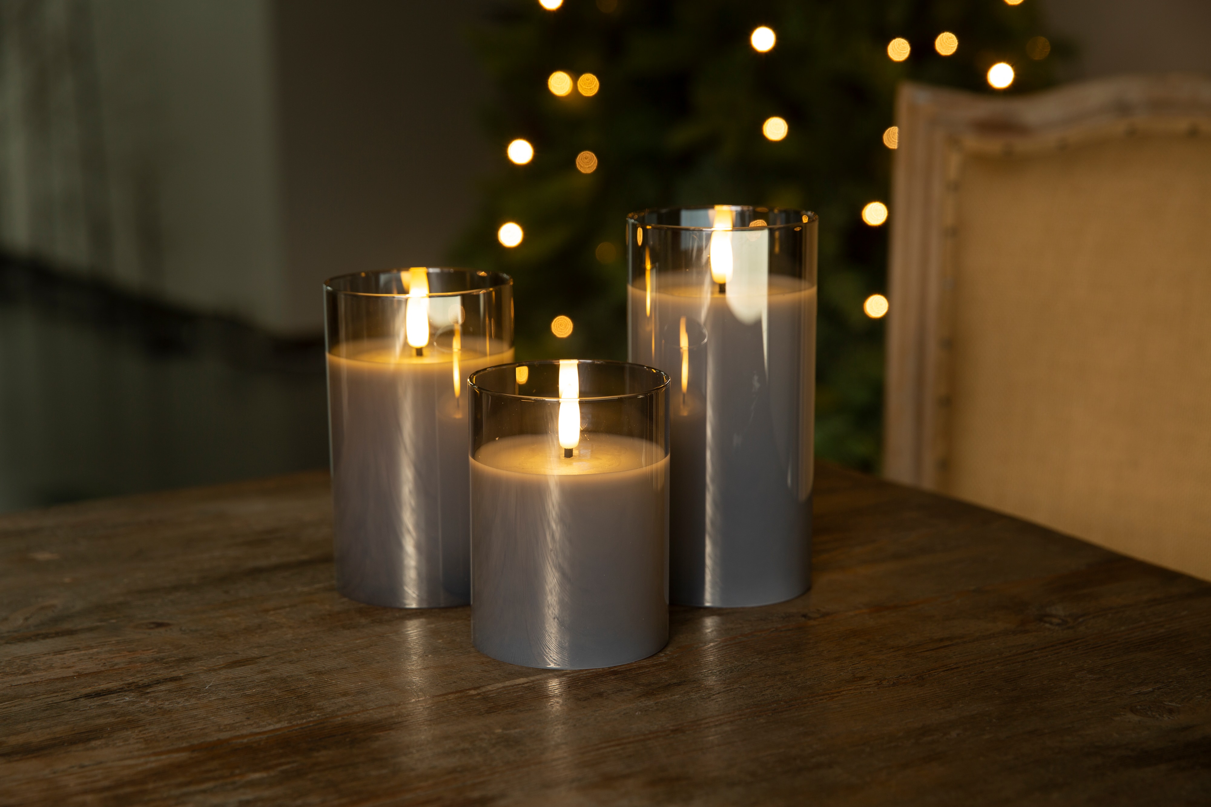 GOOBAY LED-Echtwachskerze, Glas, Timerfunktion, 3 Stück, warmweiß, gold