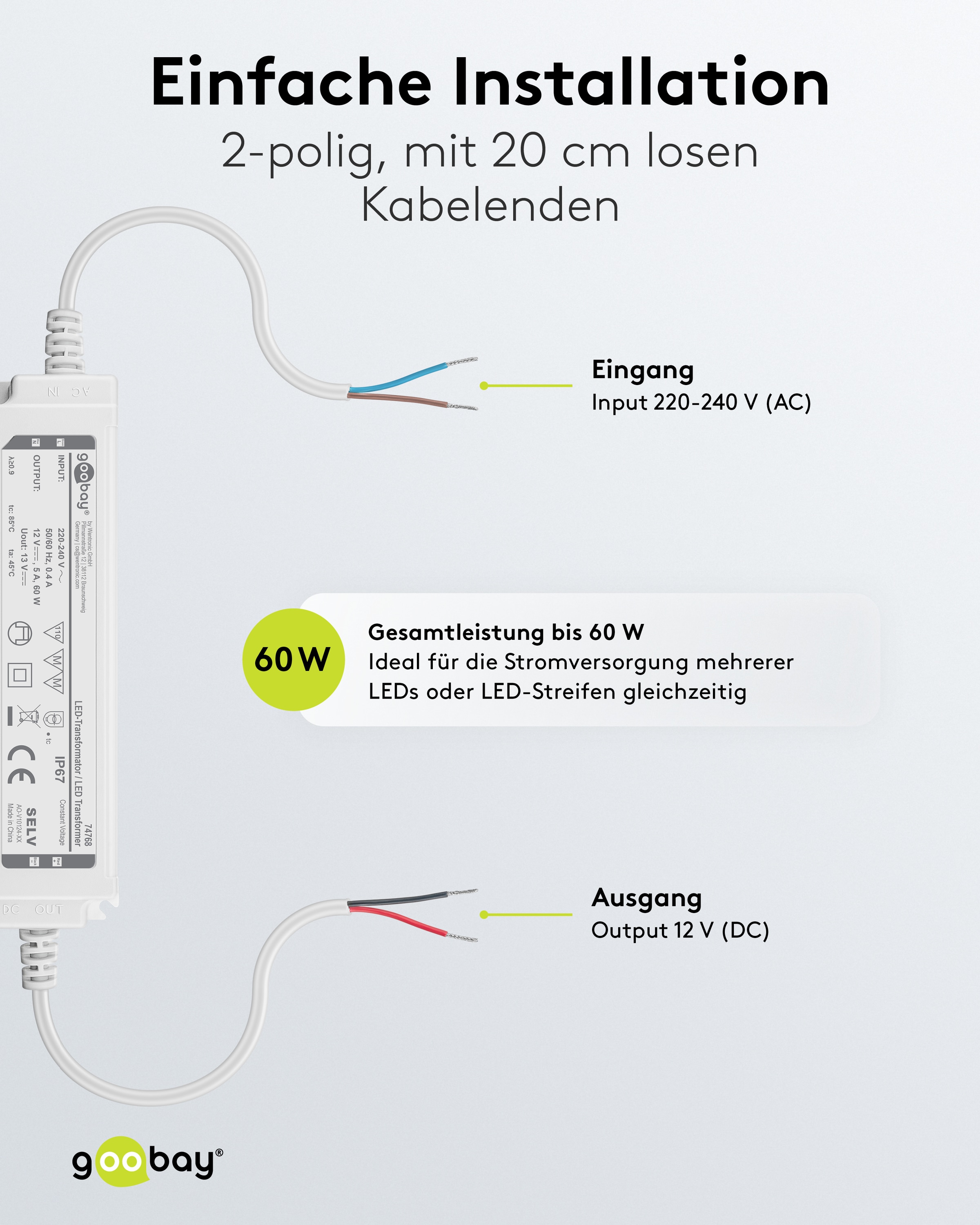 GOOBAY Wetterfester LED-Trafo 12V DC, 60W, 5 A, IP67