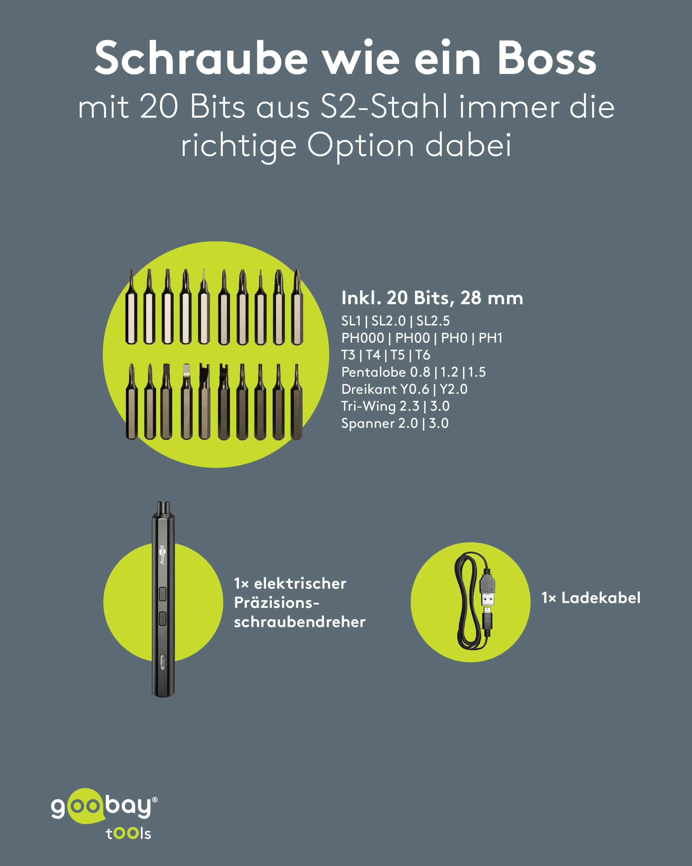 GOOBAY TOOLS Elektrischer Schraubendreher, 77838, mit 20-tlg. Präzisions-Bitsatz
