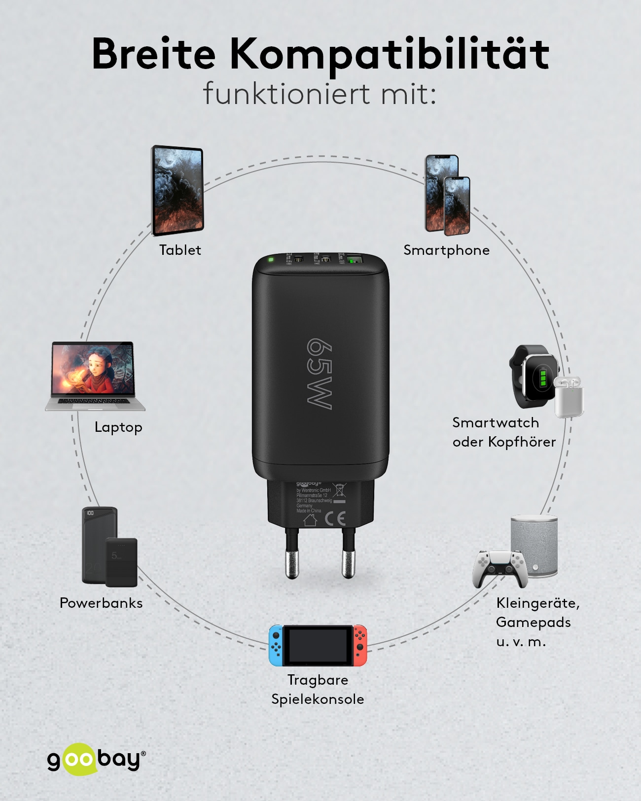 GOOBAY USB-Lader 65407, 65 W, 3-fach, 2xC PD, 1xA QC GaN, schwarz GOOBAY USB-Lader 65407, 65 W, 3-fach, 2xC PD, 1xA QC GaN, schwarz