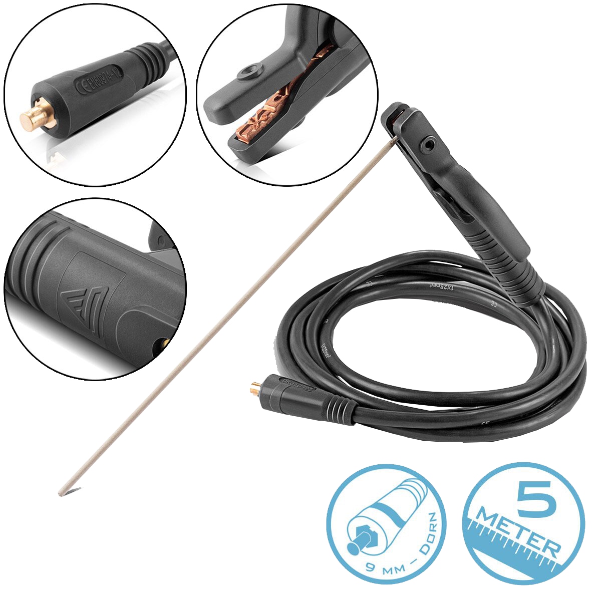 STAHLWERK MMA | ARC Elektrodenhalter bis 200 A, 4561, 5 m Schweißkabel mit 25 mm² und 9 mm Stecker