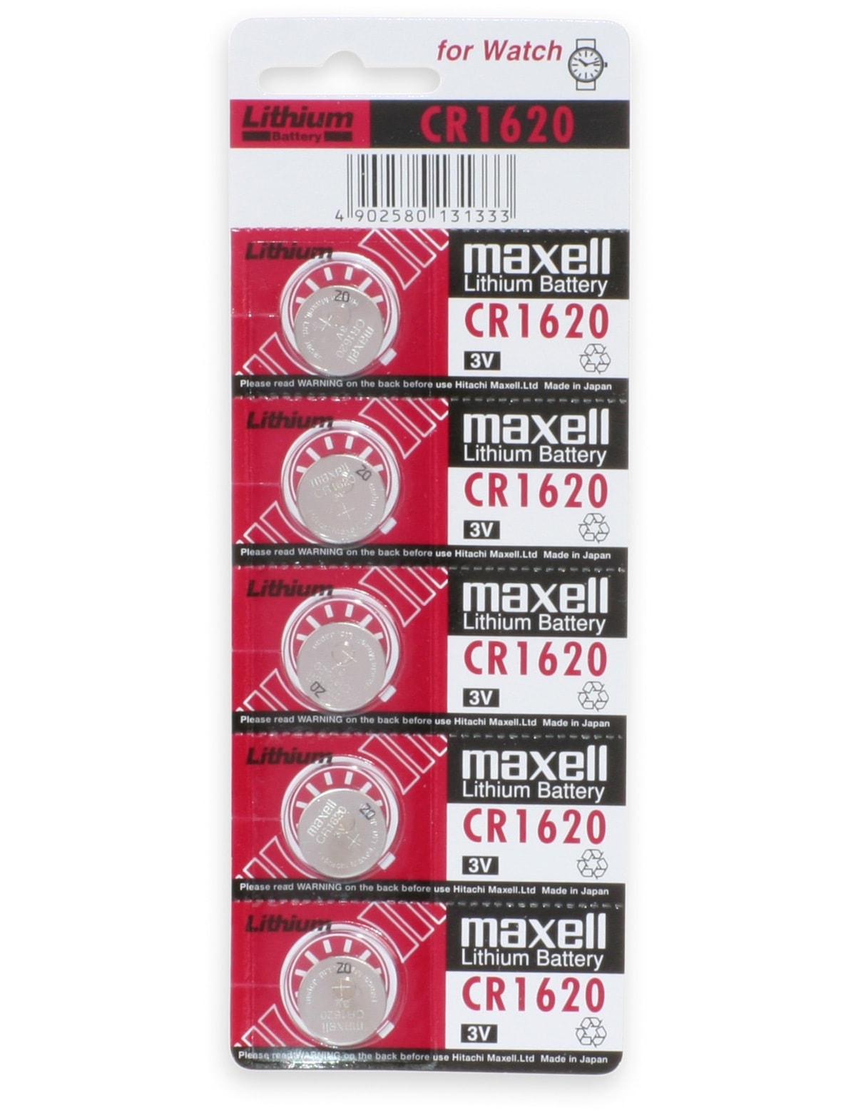 MAXELL Knopfzelle CR1620, Lithium, 3 V-, 80 mAh, 5 Stück