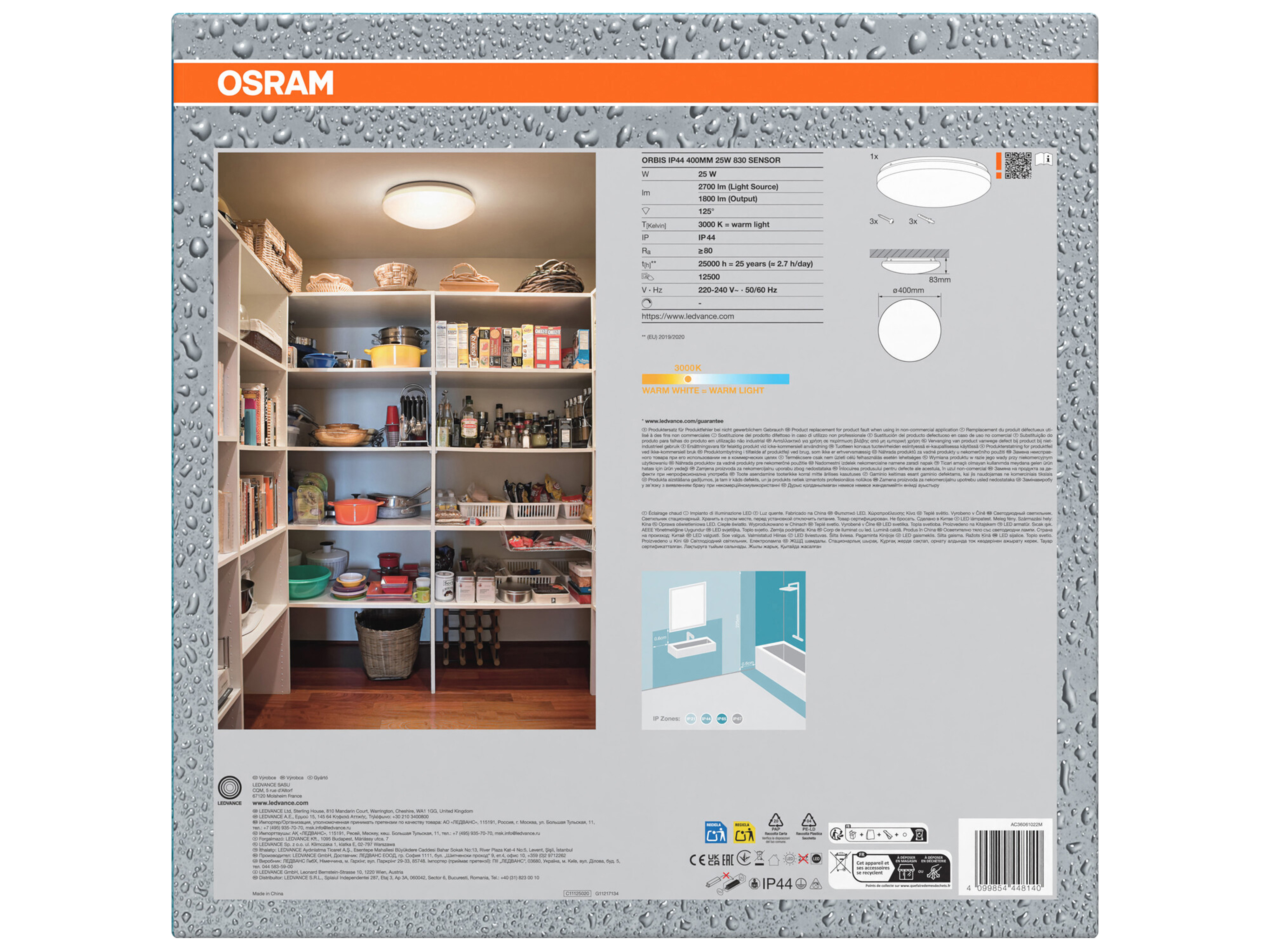OSRAM LED-Deckenleuchte mit Sensor, 25 W, 1800 lm, 3000 K, IP44, Ø 0,4 m