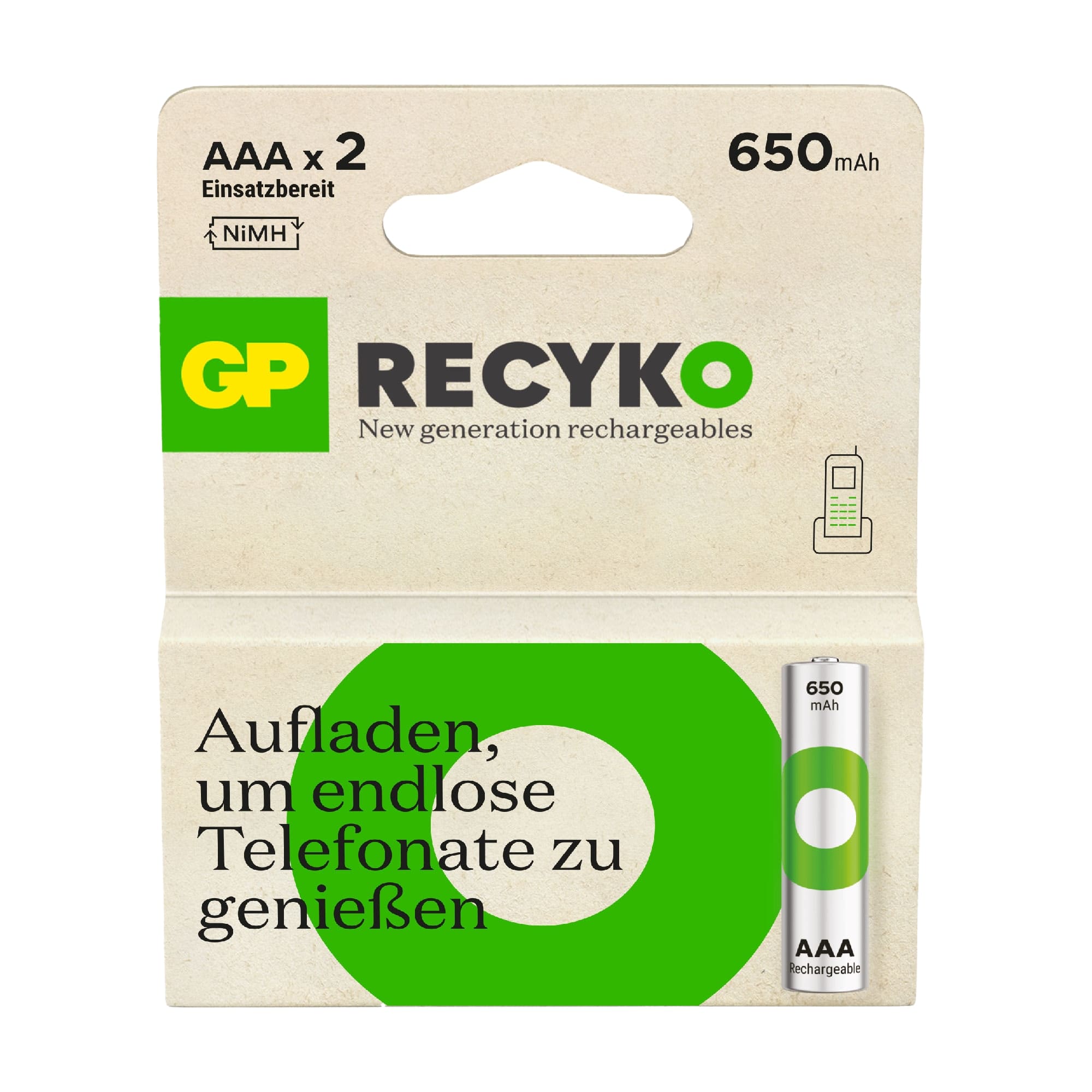 GP ReCyKO NiMH Akku Micro AAA, HR03 1,2V/ 650 mAh, 2 Stück