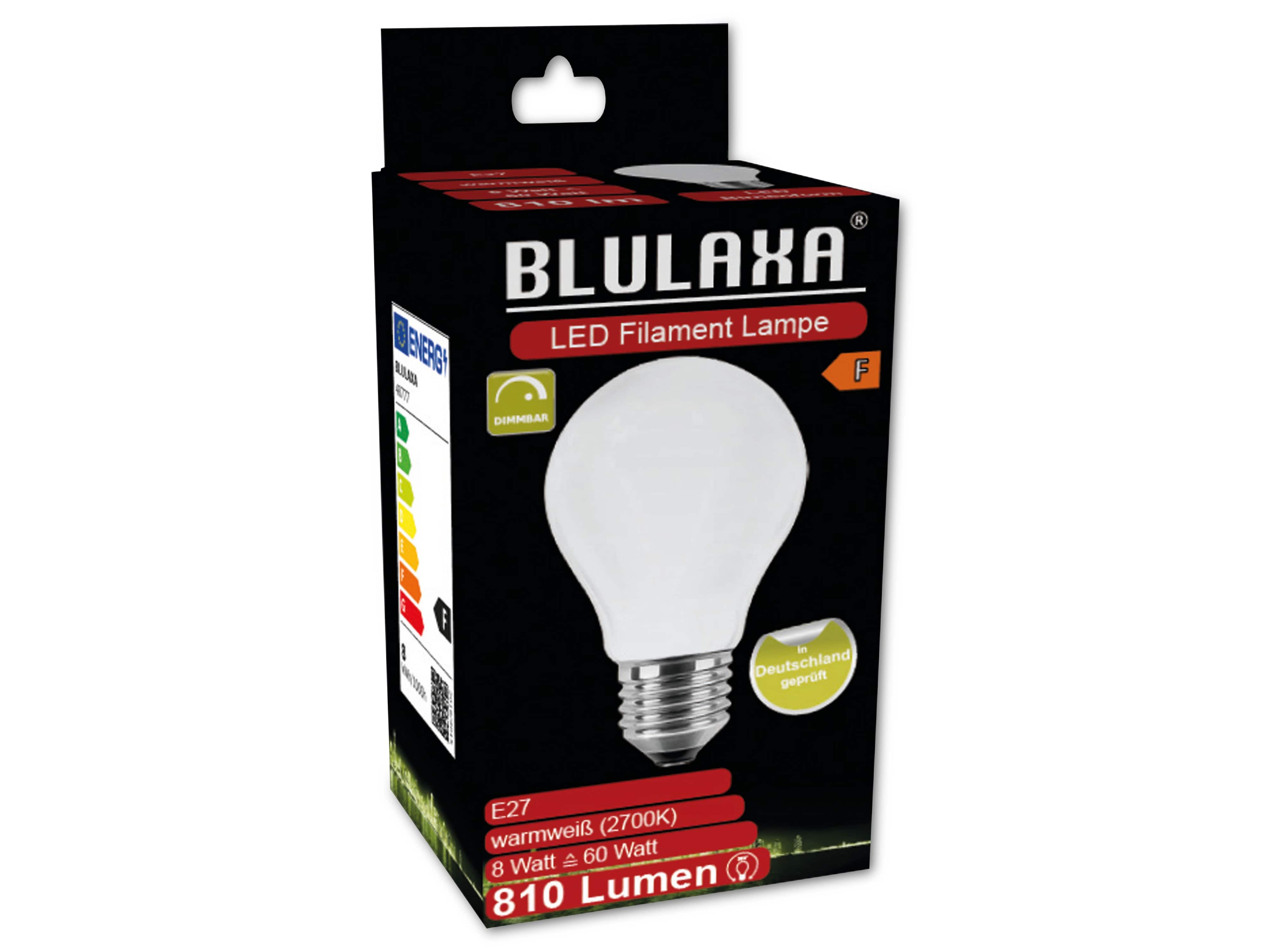 BLULAXA LED-Filament-Lampe, A60, E27, EEK: F, 8W, 810lm, 2700K